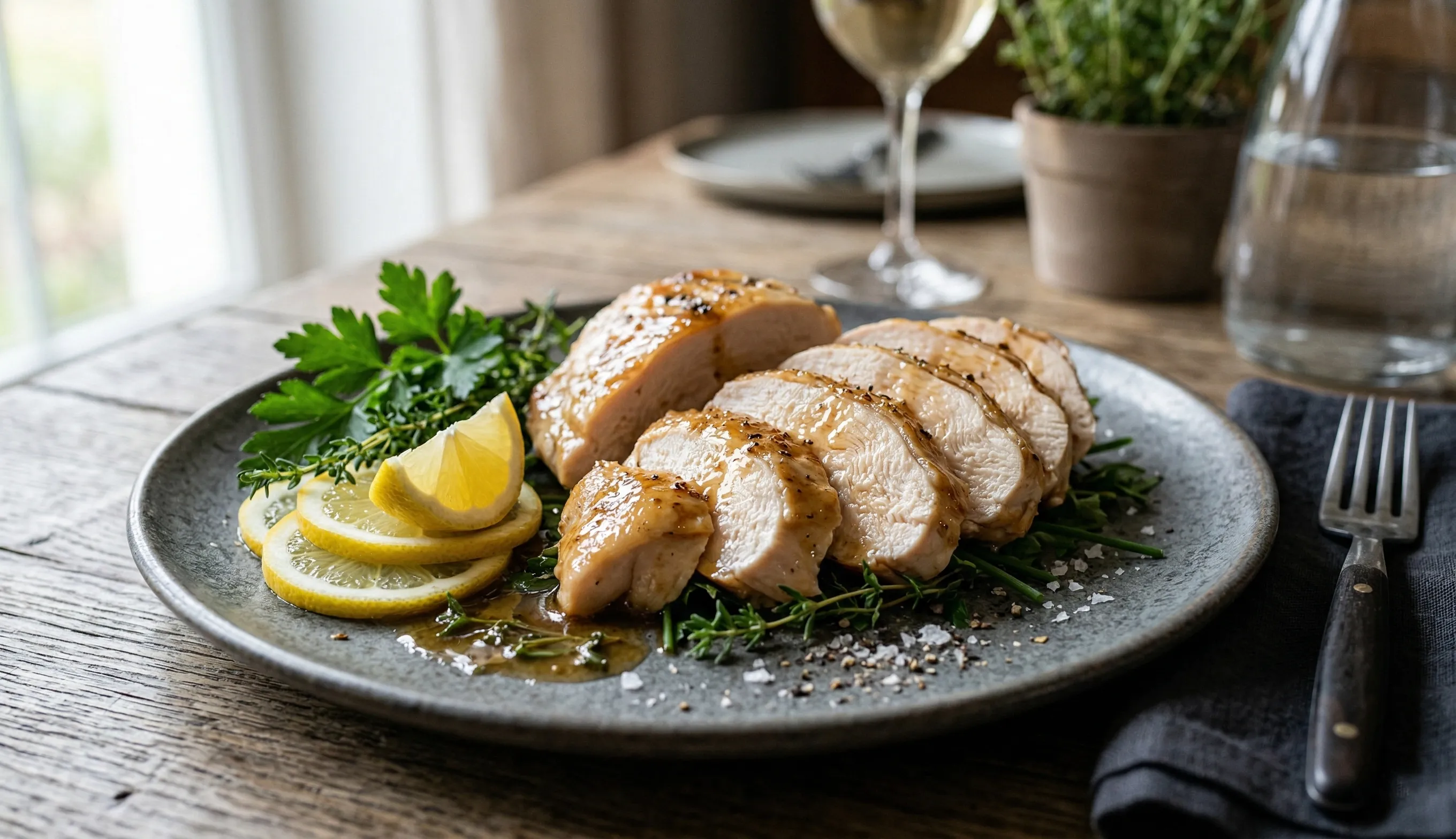 blanc de poulet moelleux et juteux tranché après cuisson