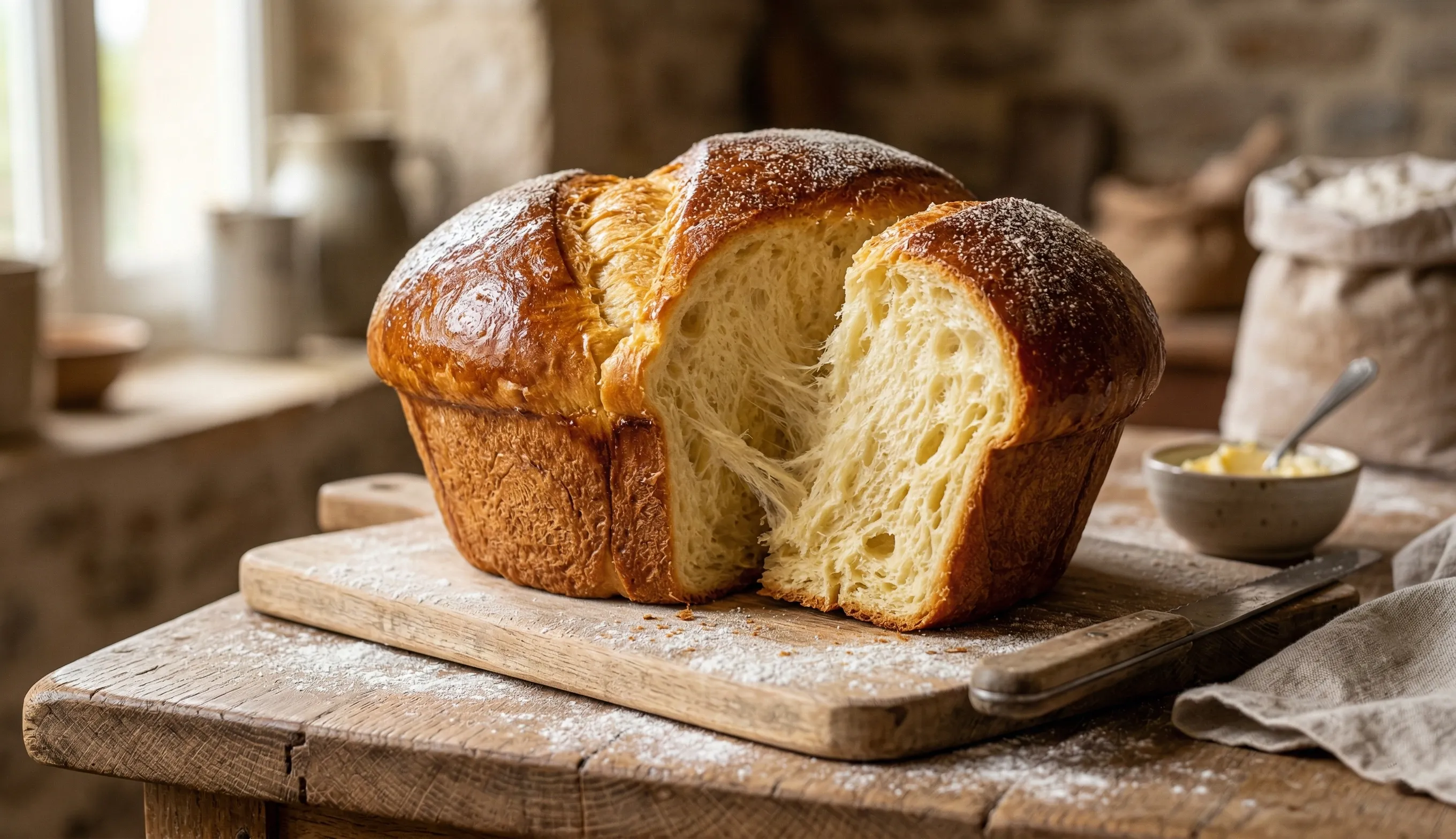 Brioche maison à la mie filante réalisée avec de la farine T45 légère et aérienne