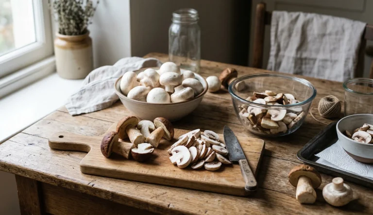 Champignons crus prêts à être congelés sur une table de cuisine
