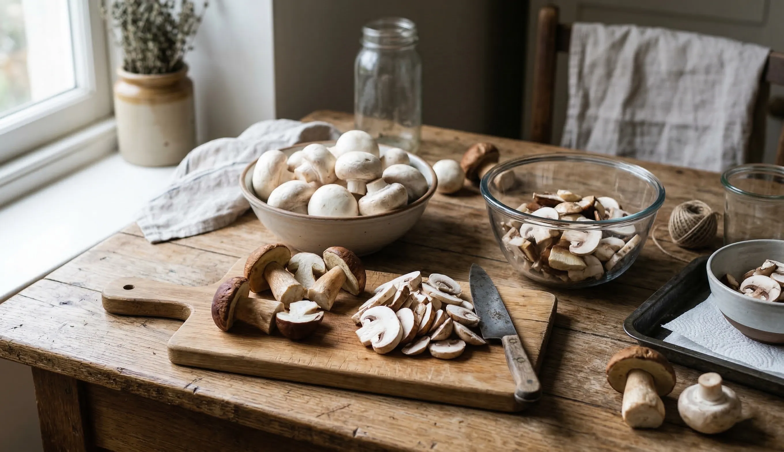 Champignons crus prêts à être congelés sur une table de cuisine