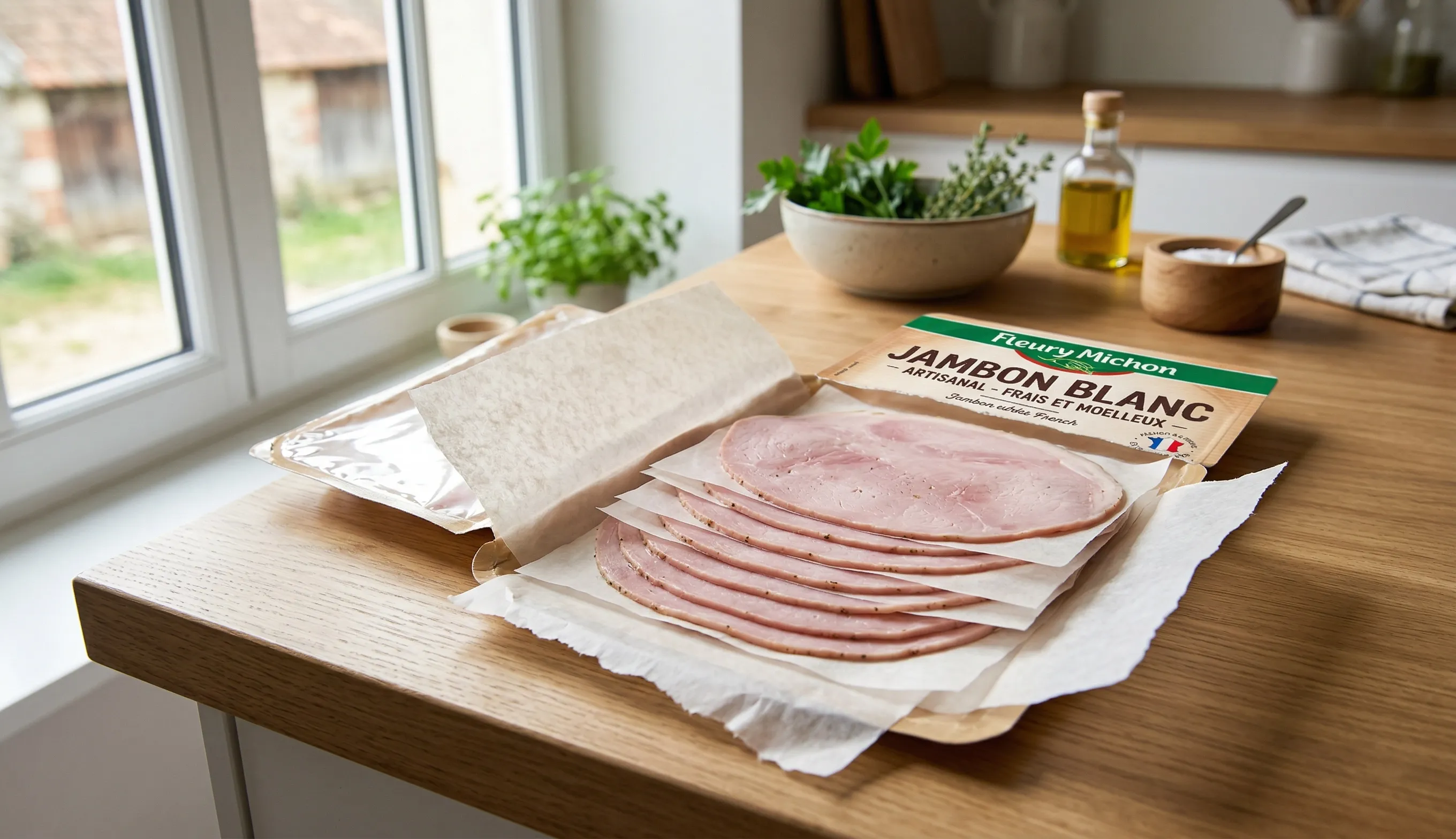 Tranches de jambon blanc séparées avec du papier sulfurisé prêtes à être congelées