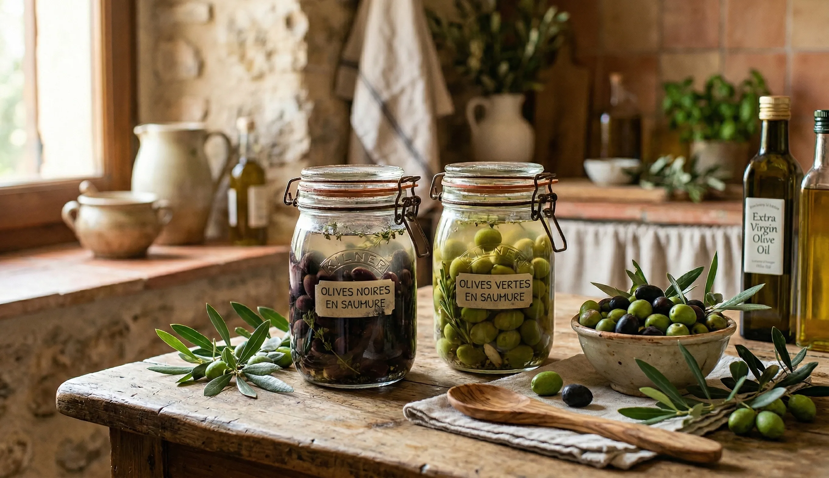 Conservation des olives maison en bocaux avec saumure et olives fraîches sur table en bois