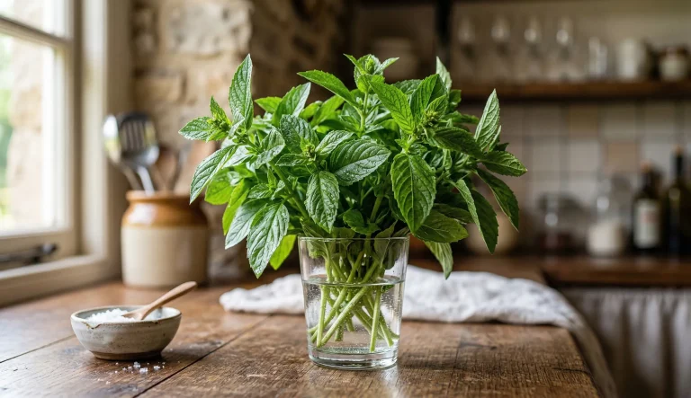 conserver du basilic frais dans un verre d’eau à température ambiante pour éviter qu’il noircisse
