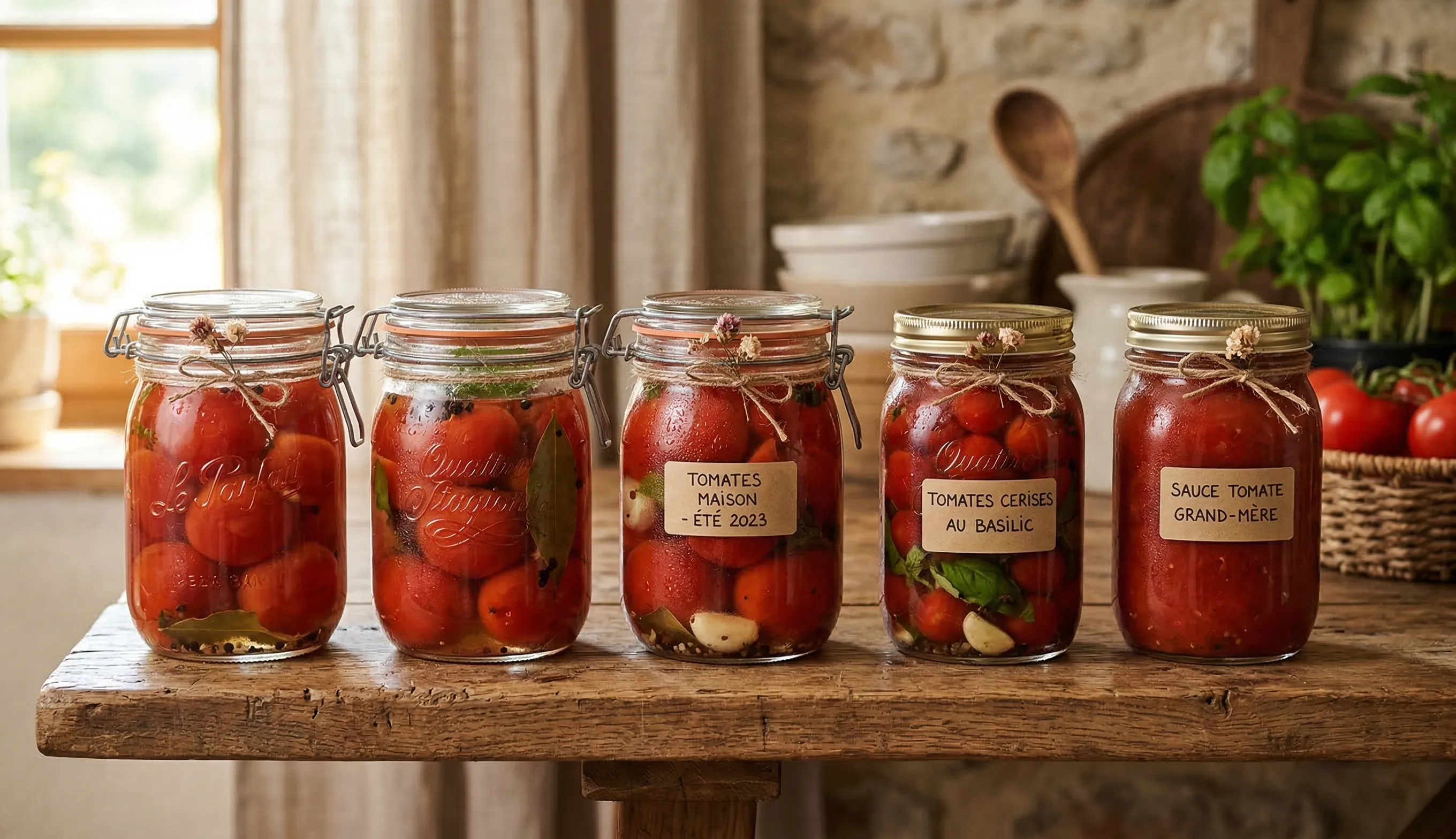 bocaux de tomates maison stérilisées alignés sur une étagère en bois