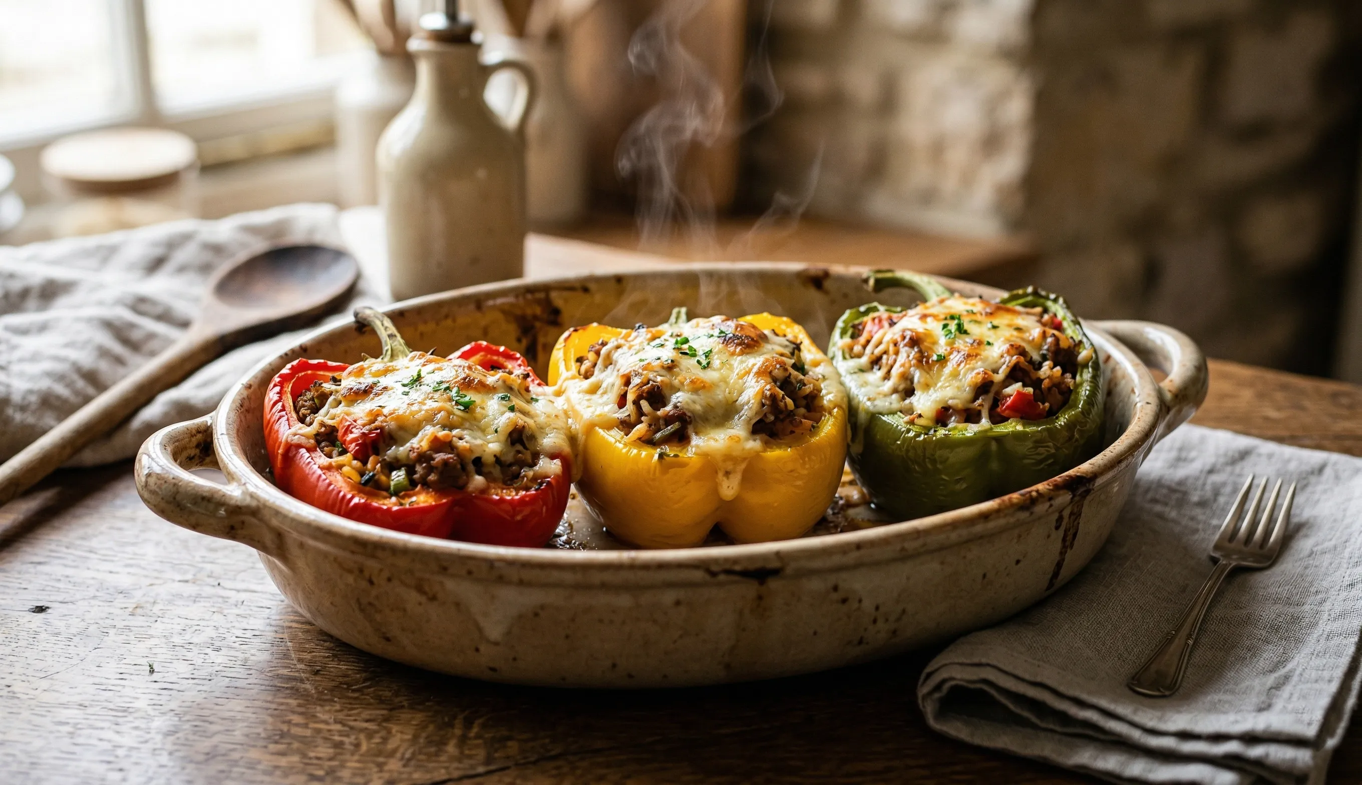poivrons farcis au four fondants avec viande et légumes colorés