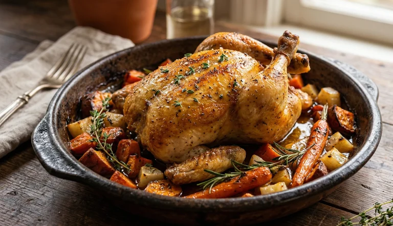 poulet rôti au four avec légumes racines carottes patates douces et herbes aromatiques