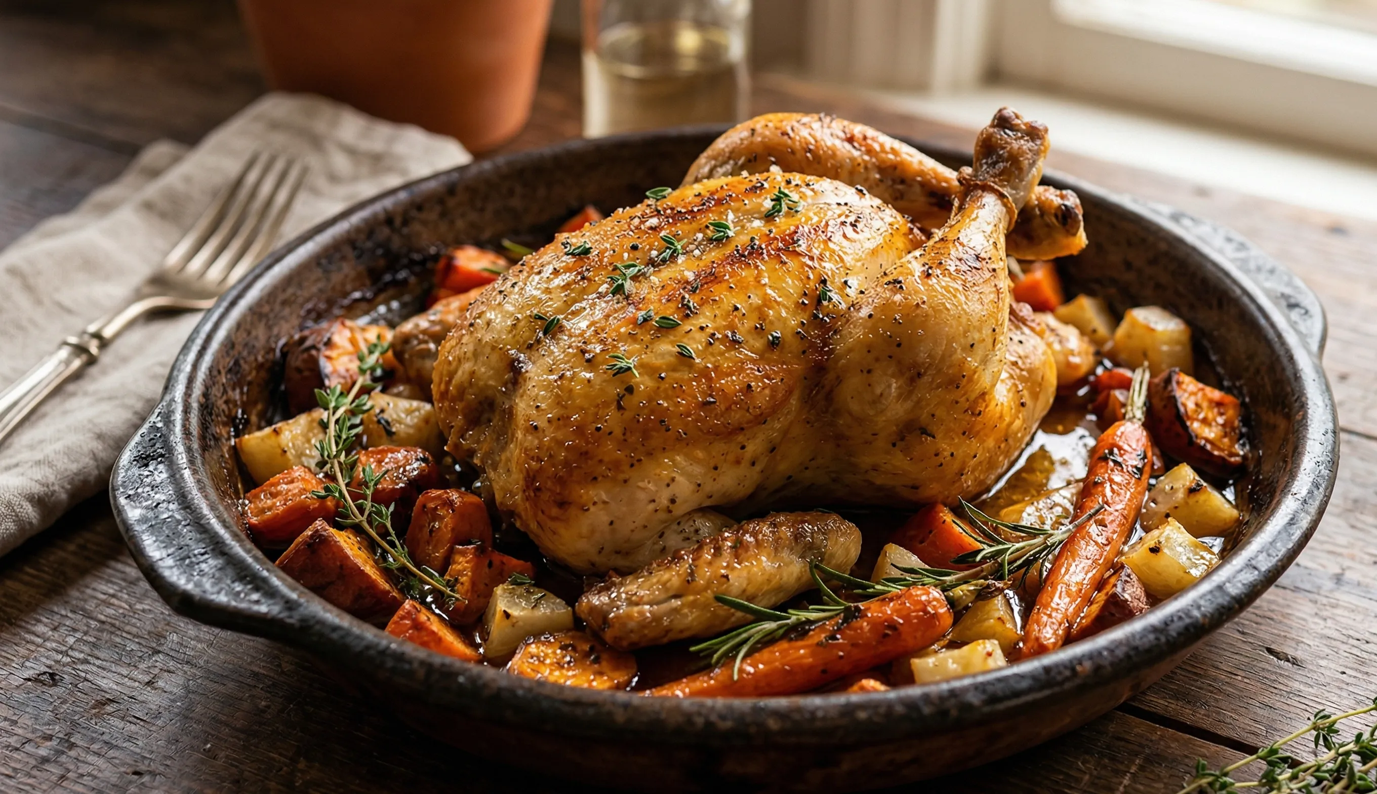 poulet rôti au four avec légumes racines carottes patates douces et herbes aromatiques
