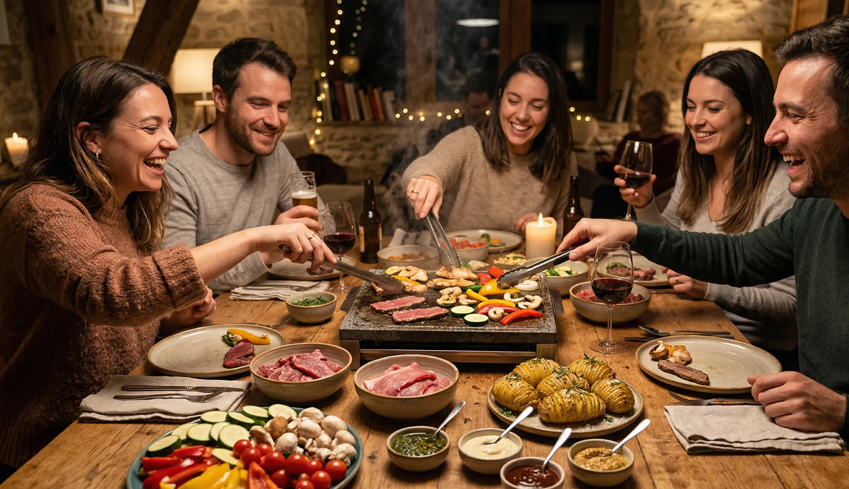pierrade conviviale avec légumes grillés pommes de terre hasselback et sauces maison