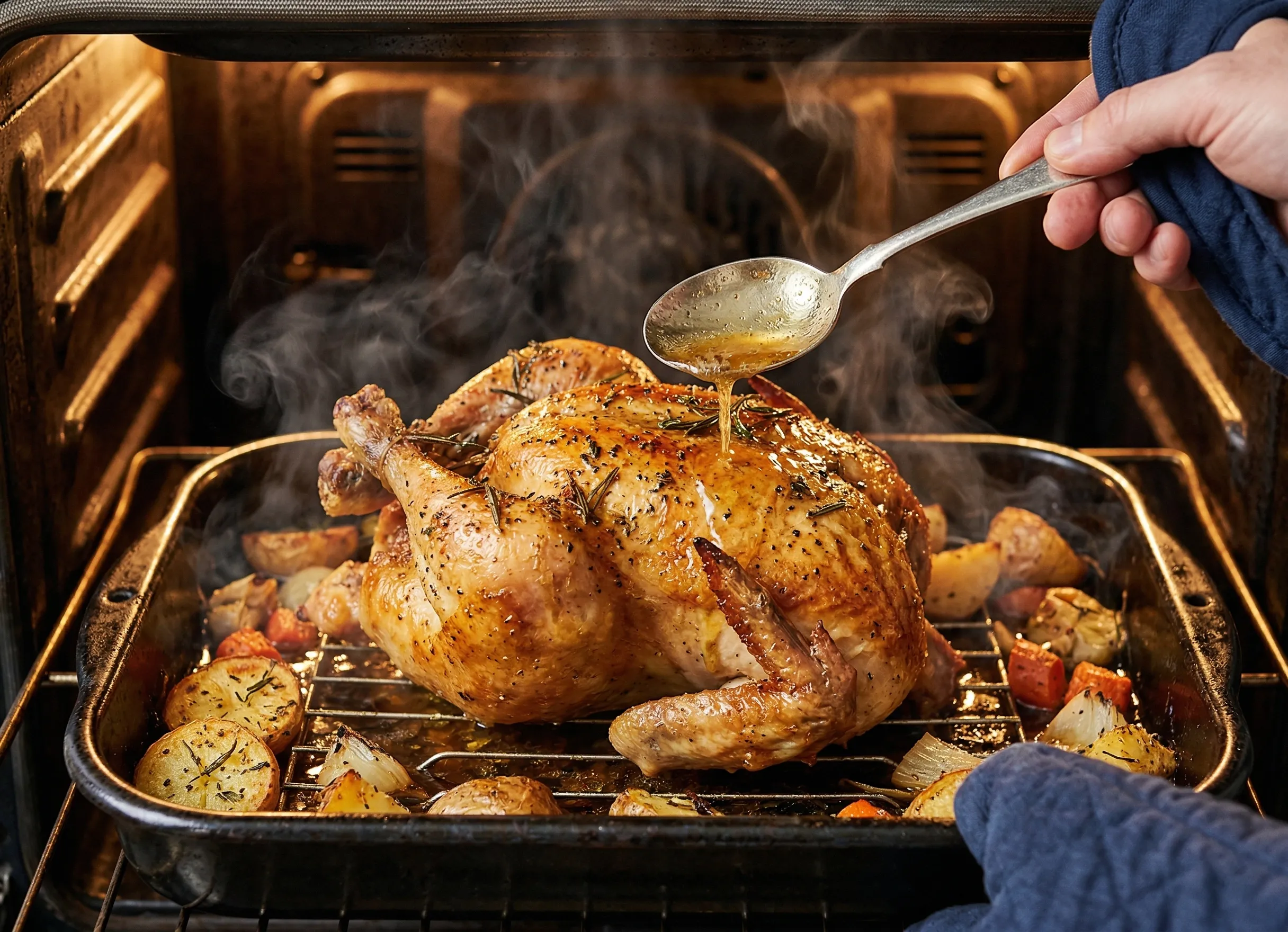 Arrosage du poulet au four avec son jus pour une peau croustillante