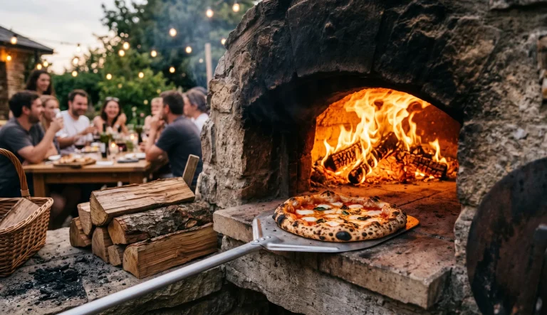 pizza au feu de bois dans un four à pizza avec bois de hêtre et chêne