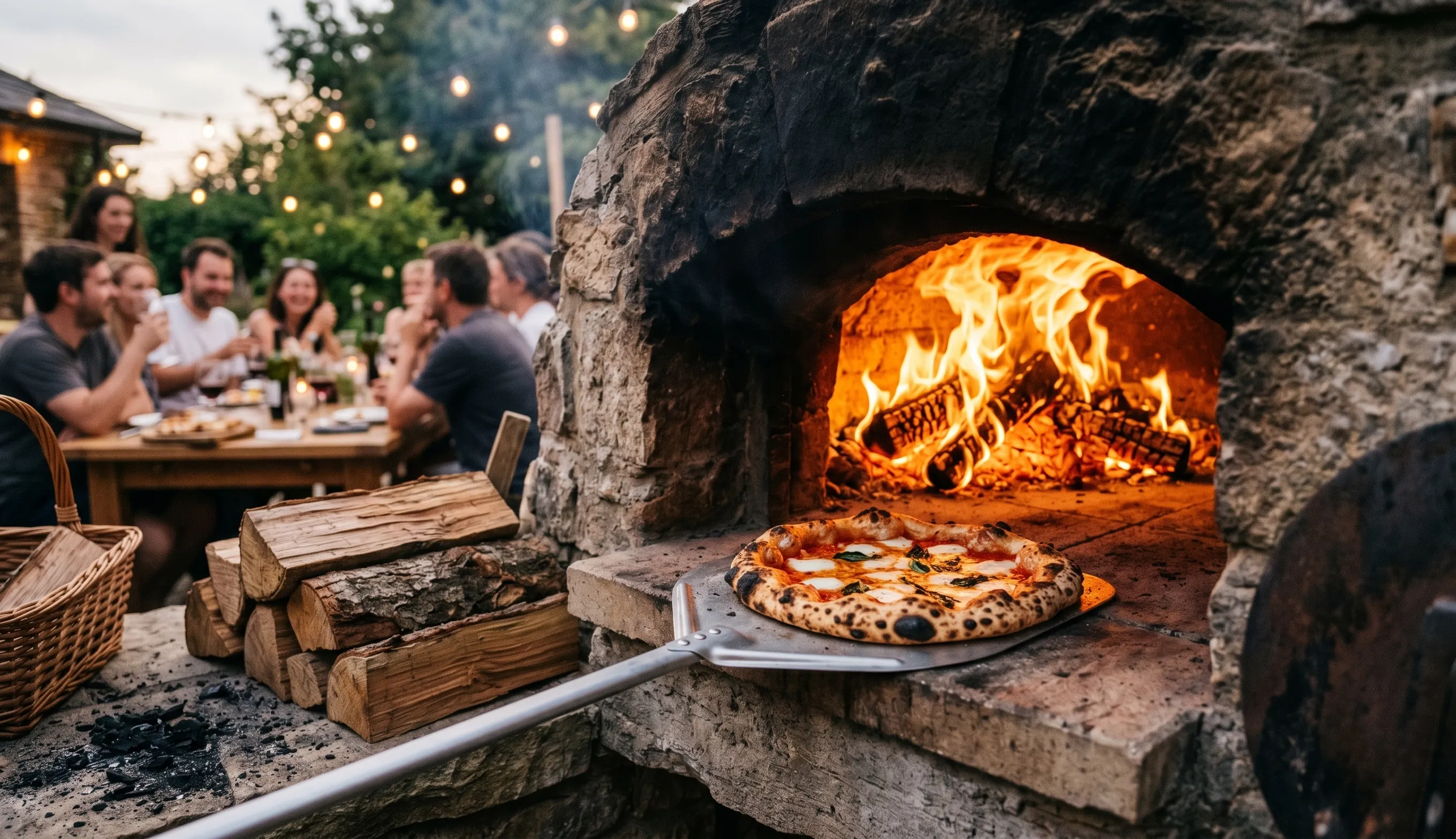 pizza au feu de bois dans un four à pizza avec bois de hêtre et chêne