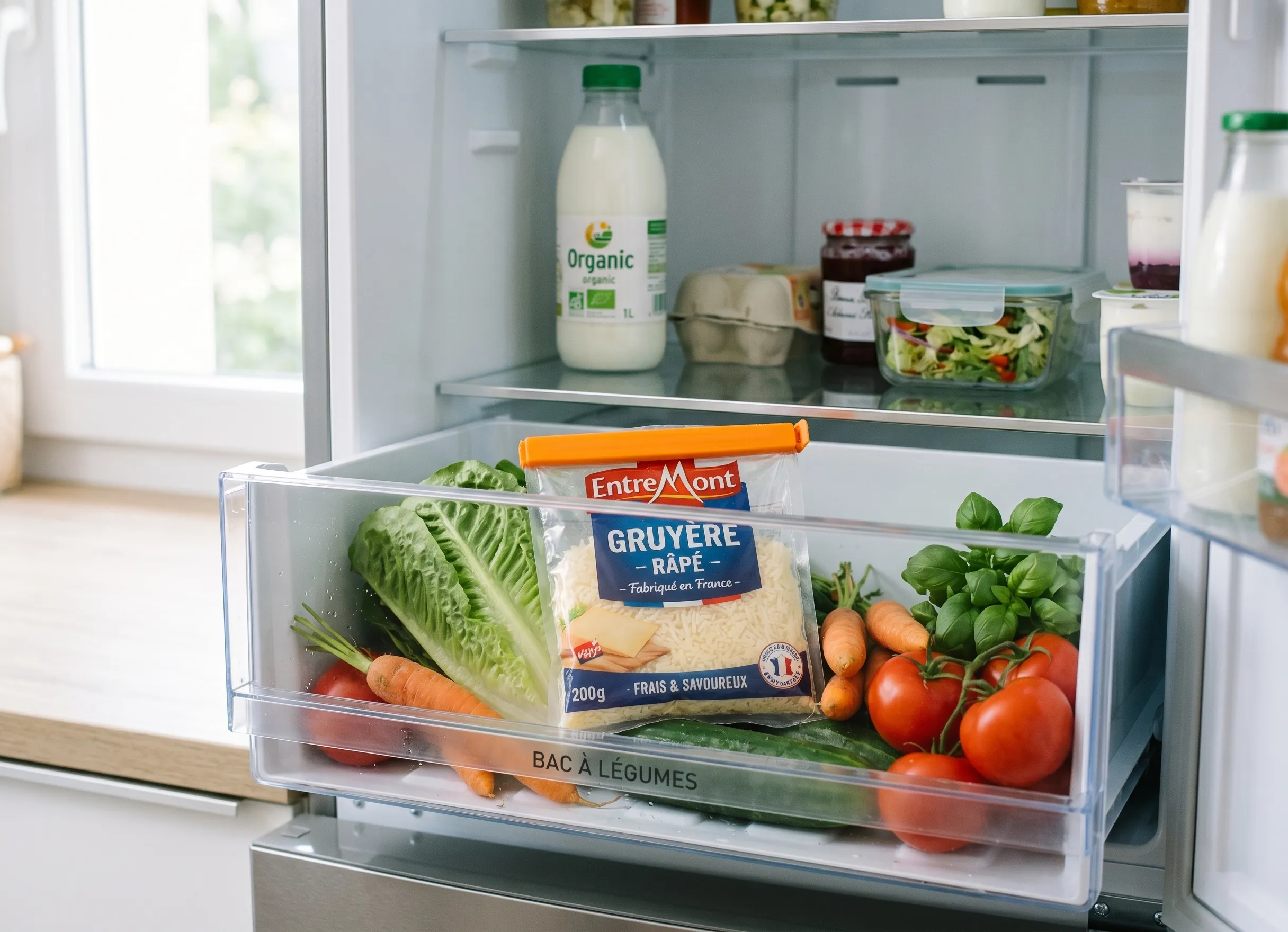 conservation du gruyère râpé au réfrigérateur sachet hermétique pour éviter moisissure