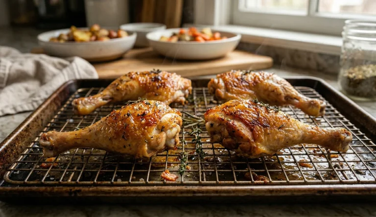 cuisse de poulet croustillante au four avec peau dorée et grillée sur grille de cuisson