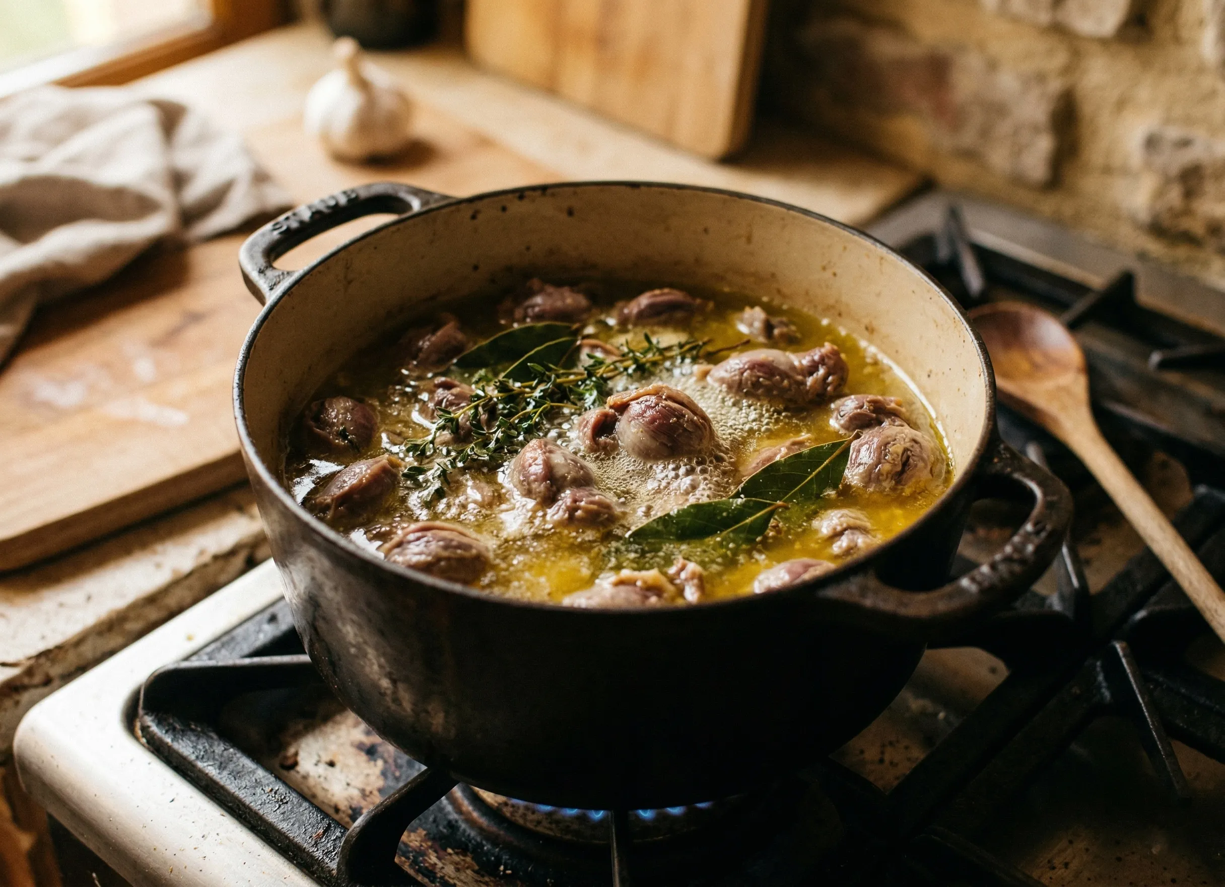 Cuisson lente des gésiers de canard dans la graisse avec thym et laurier pour une texture fondante