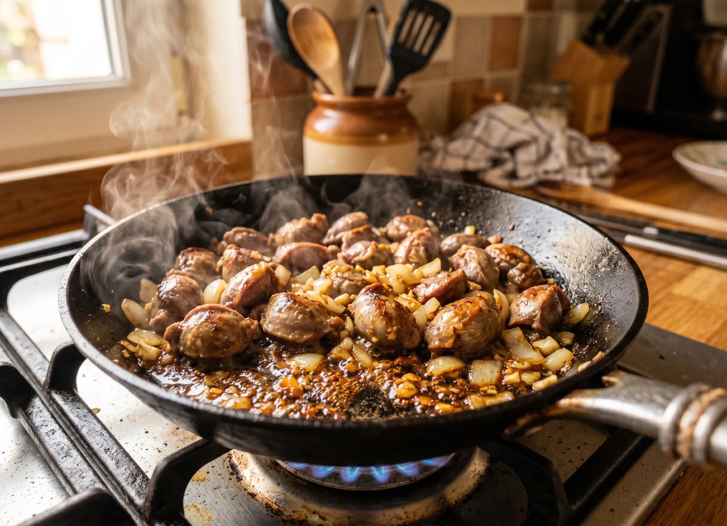 Cuisson des gésiers de poulet à la poêle avec oignons et ail