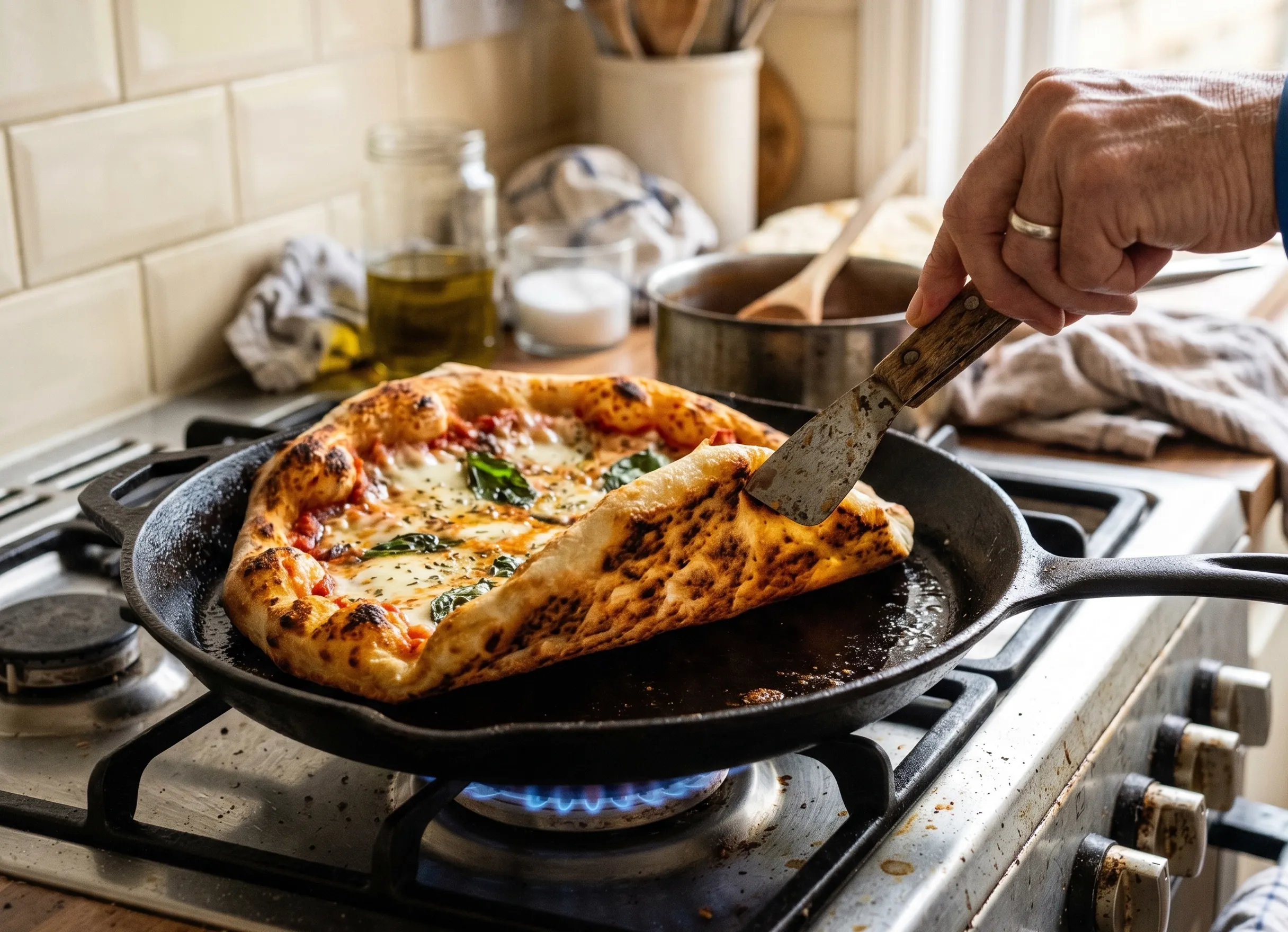 cuisson pizza à la poêle base dorée croustillante sans four