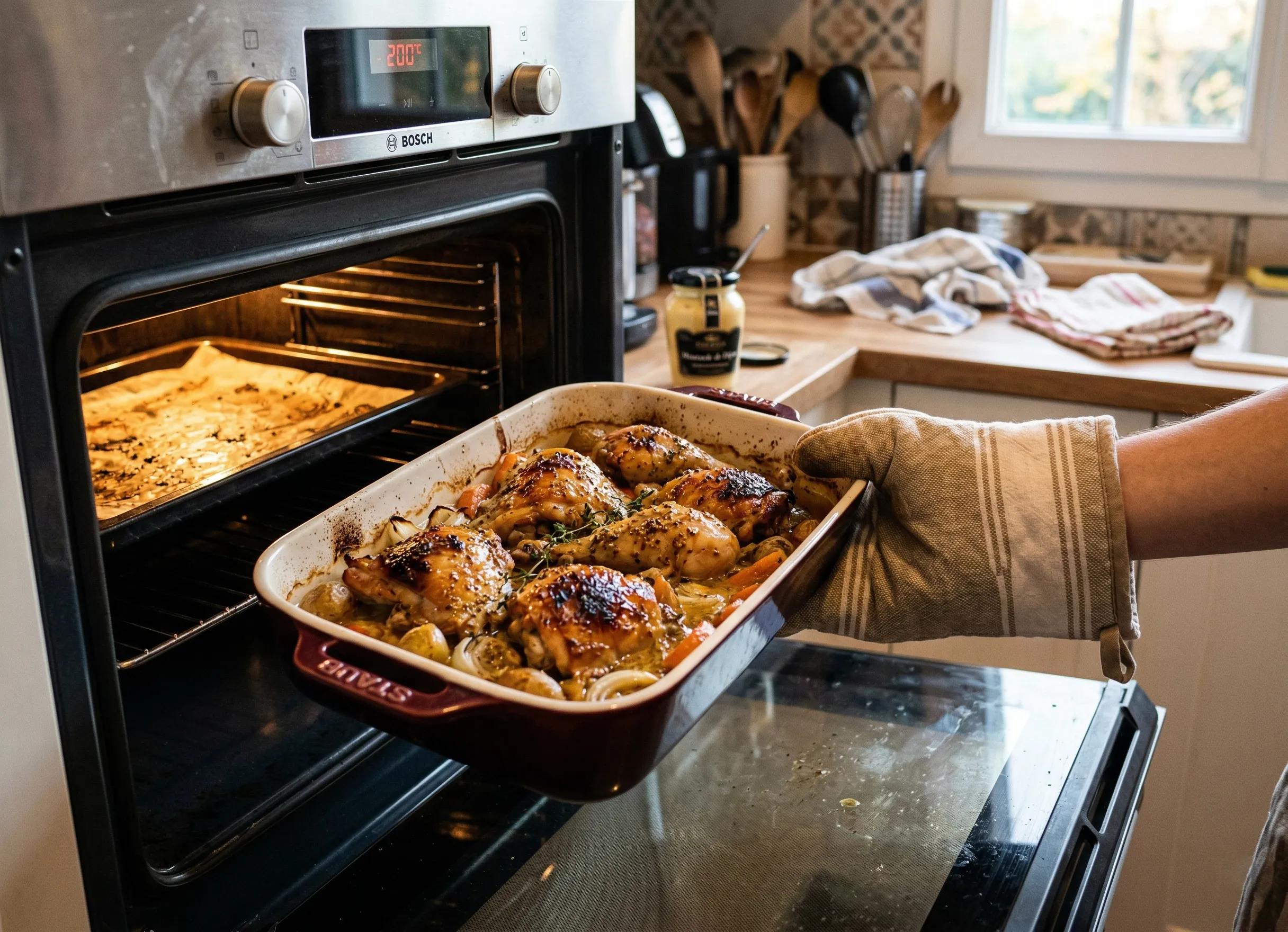 poulet à la moutarde doré sortant du four avec peau croustillante et sauce onctueuse