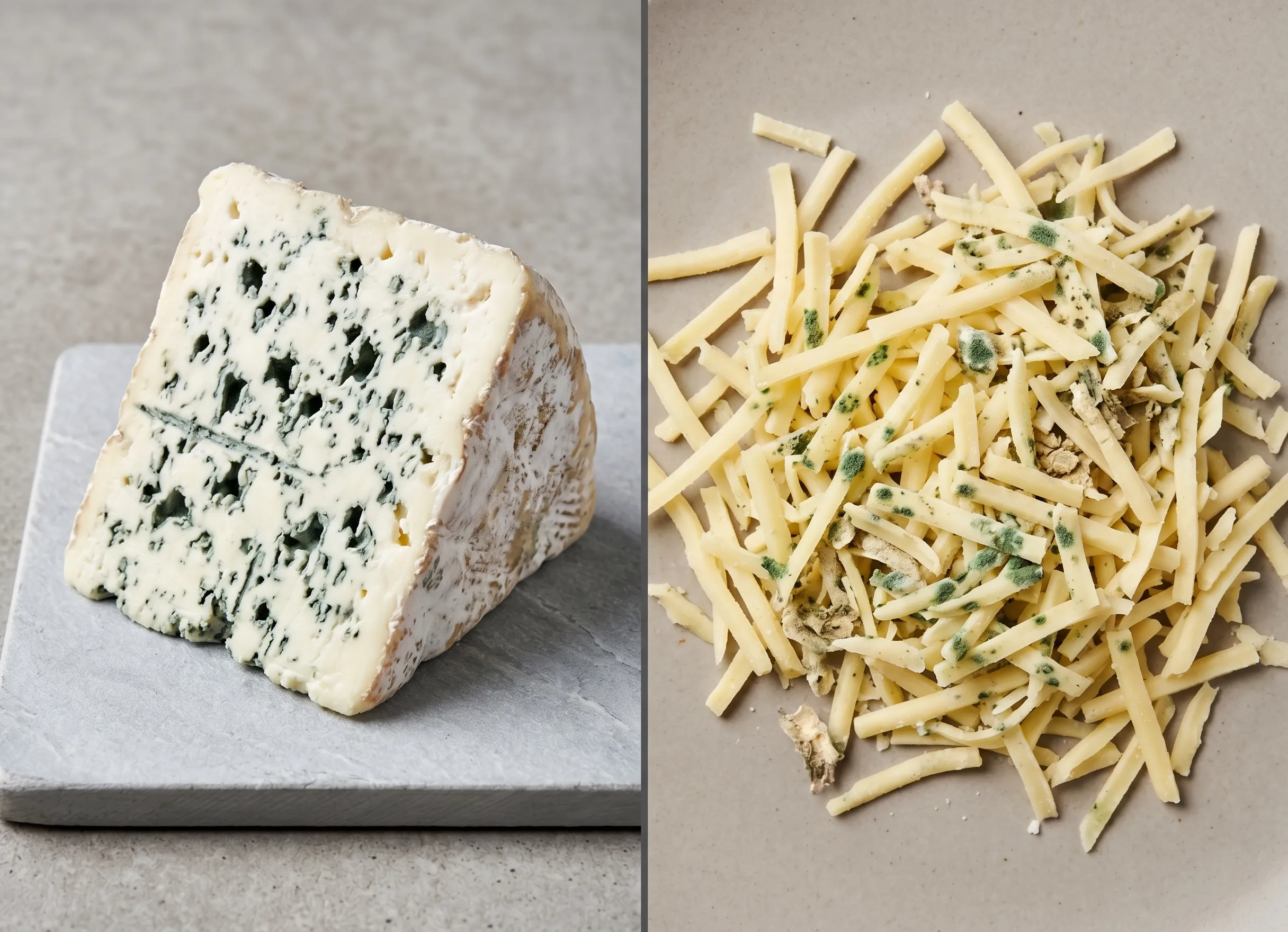 différence entre fromage à moisissure noble roquefort et gruyère râpé moisi contaminé