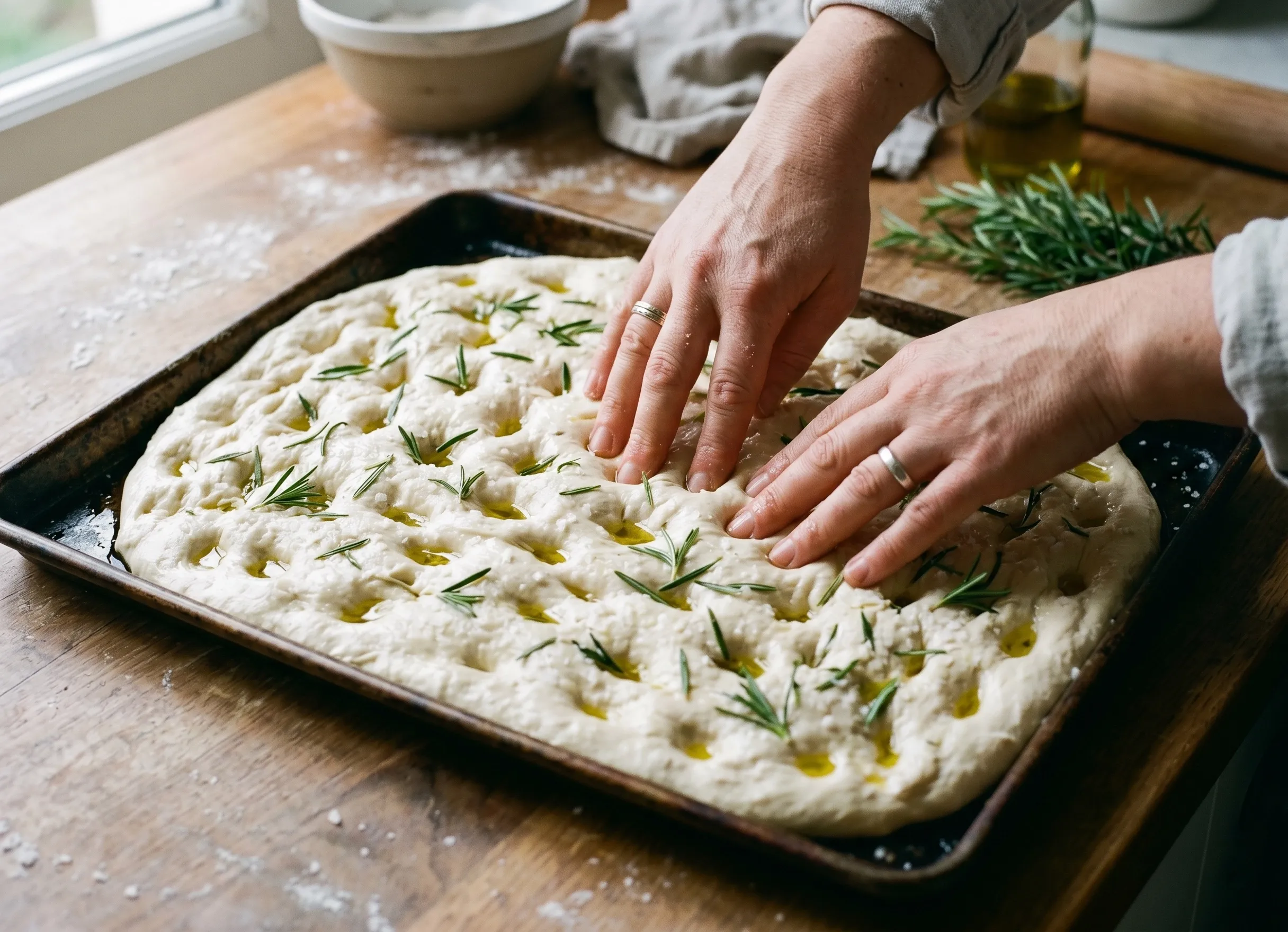 préparation focaccia trous avec les doigts huile d'olive
