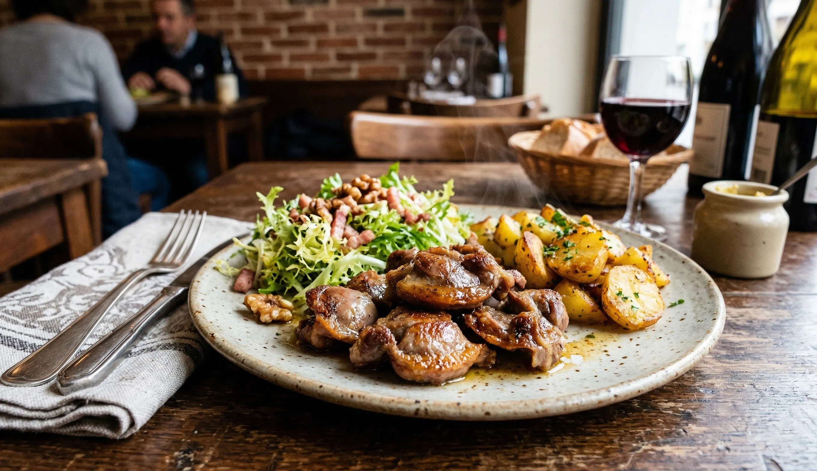 Gésiers de canard confits fondants servis avec salade frisée, noix et pommes de terre sautées