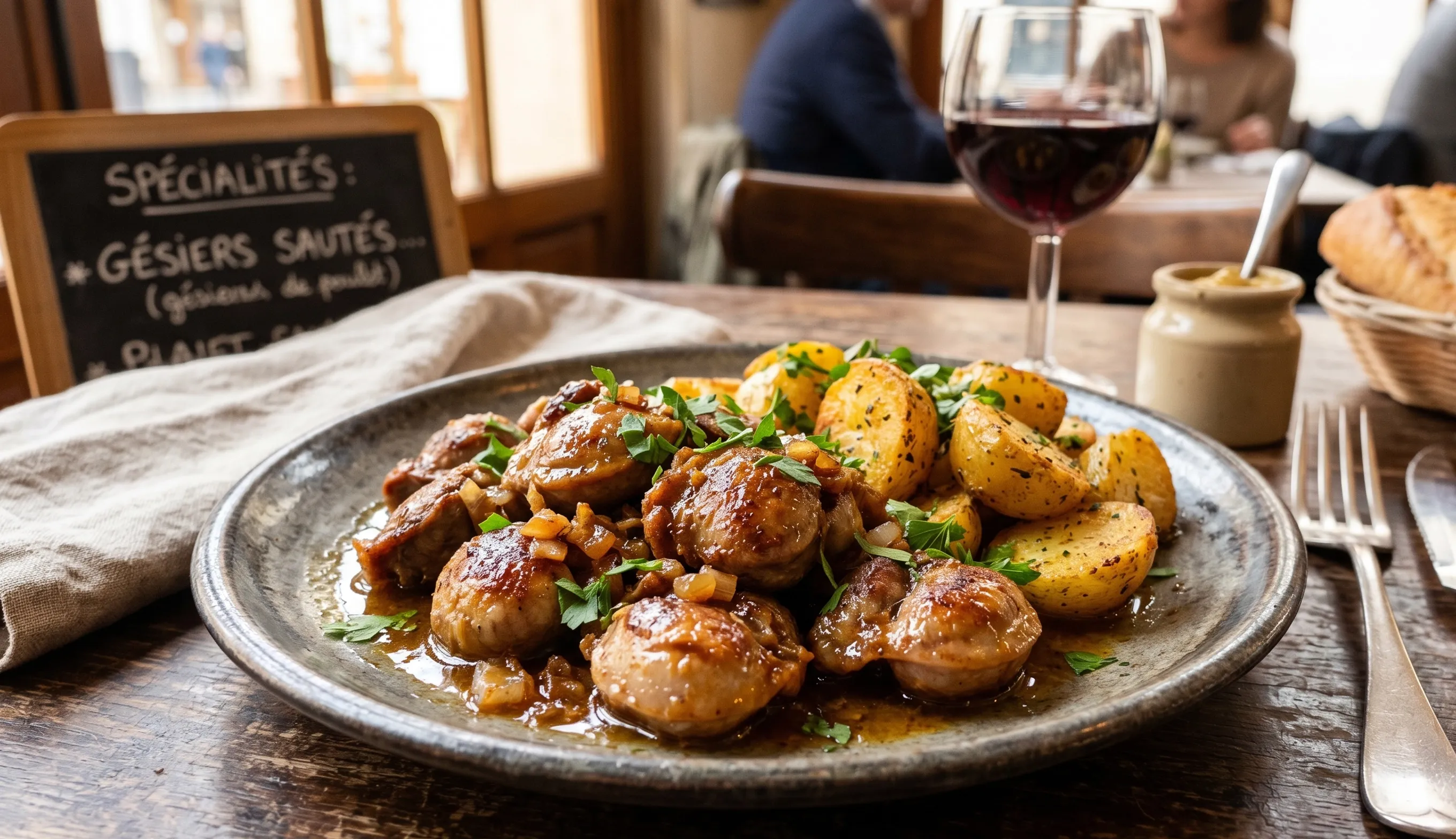 Gésiers de poulet dorés à la poêle avec pommes de terre sautées