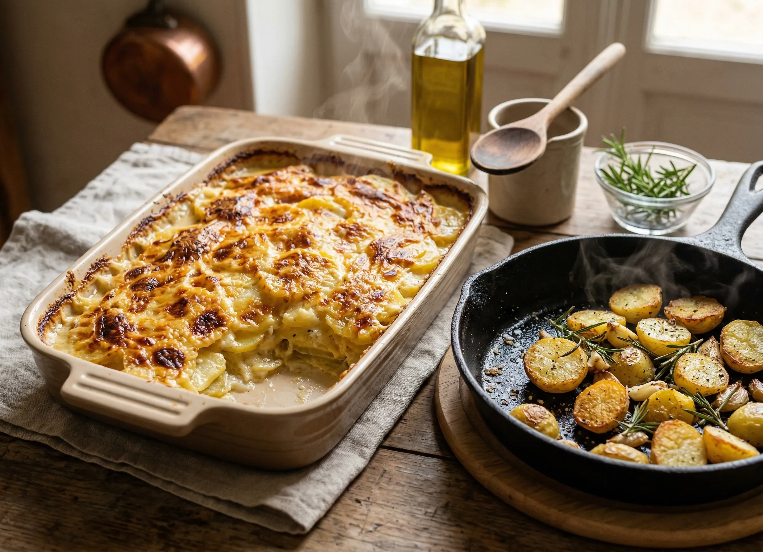 gratin dauphinois maison et pommes de terre sautées à l’ail pour accompagner un rôti de porc