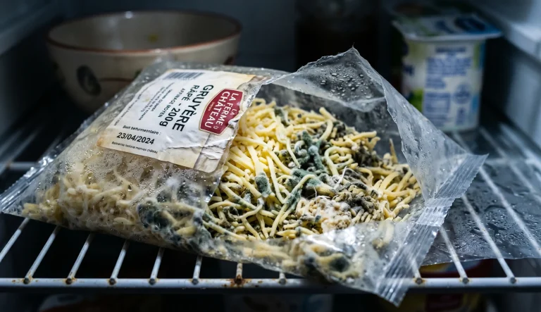 gruyère râpé moisi avec moisissures vertes dans un sachet ouvert danger pour la santé