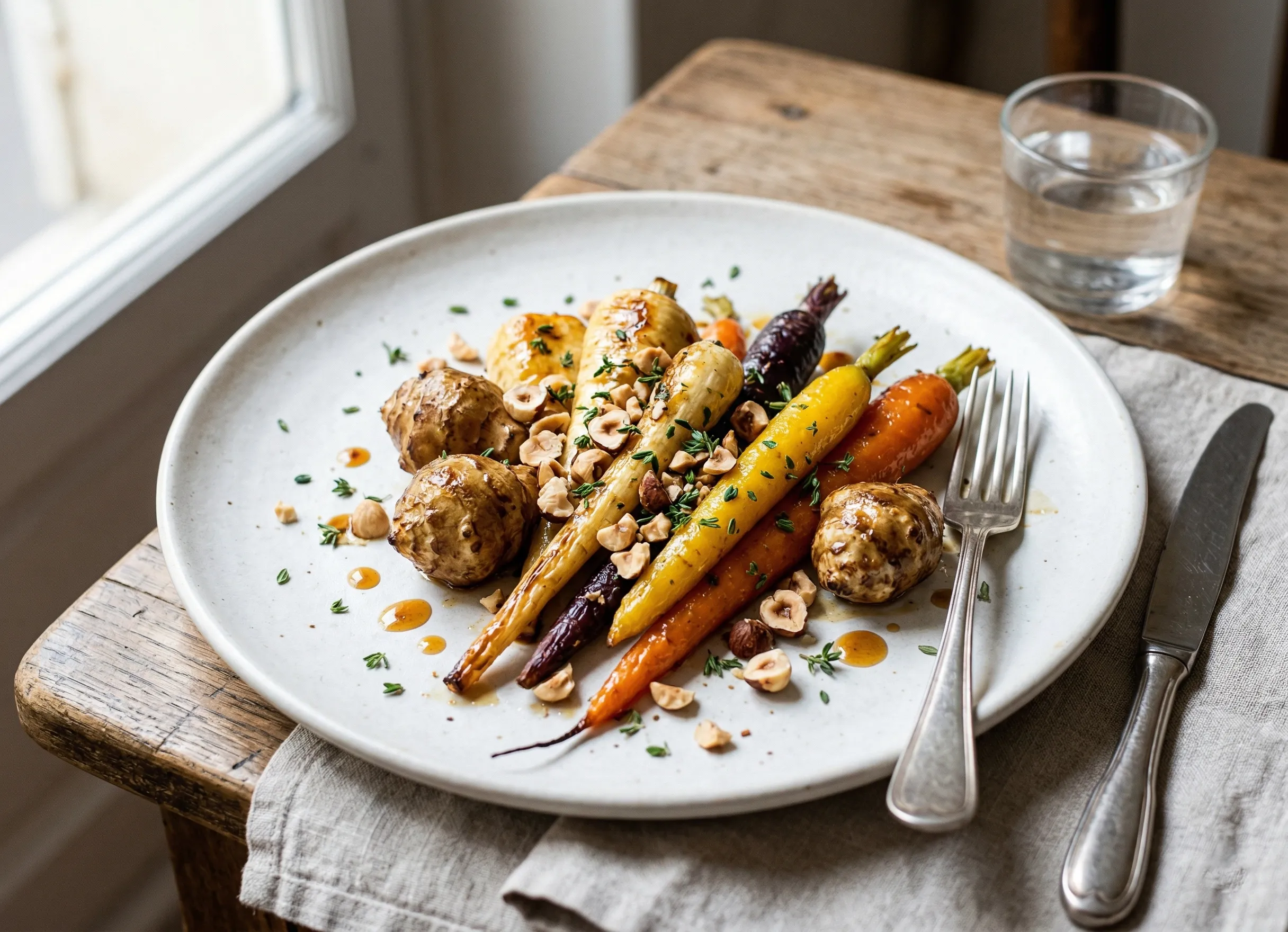 légumes oubliés rôtis au miel avec panais et topinambours en accompagnement de rôti de porc