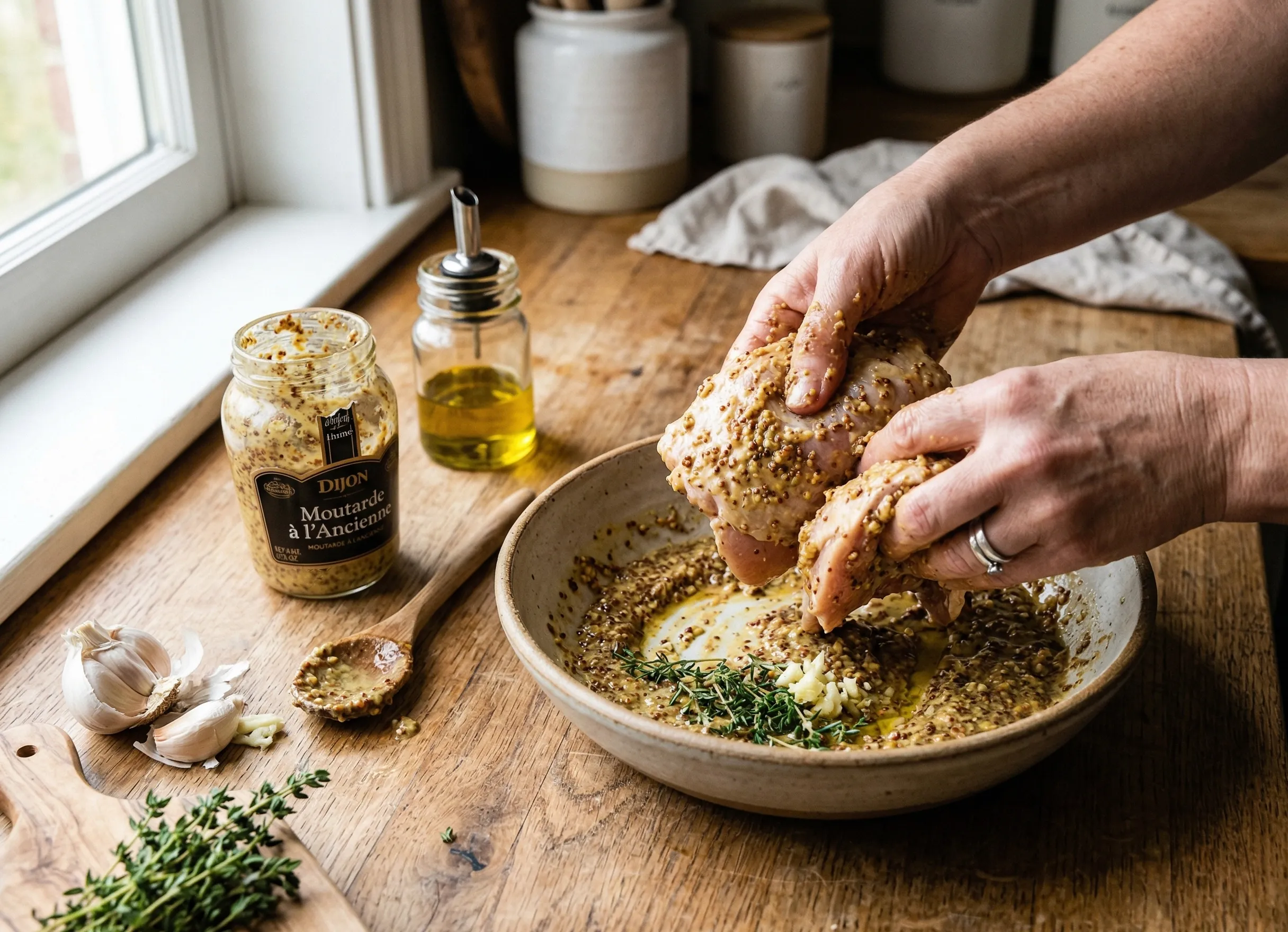préparation marinade poulet moutarde Dijon et à l’ancienne avec ail et thym frais