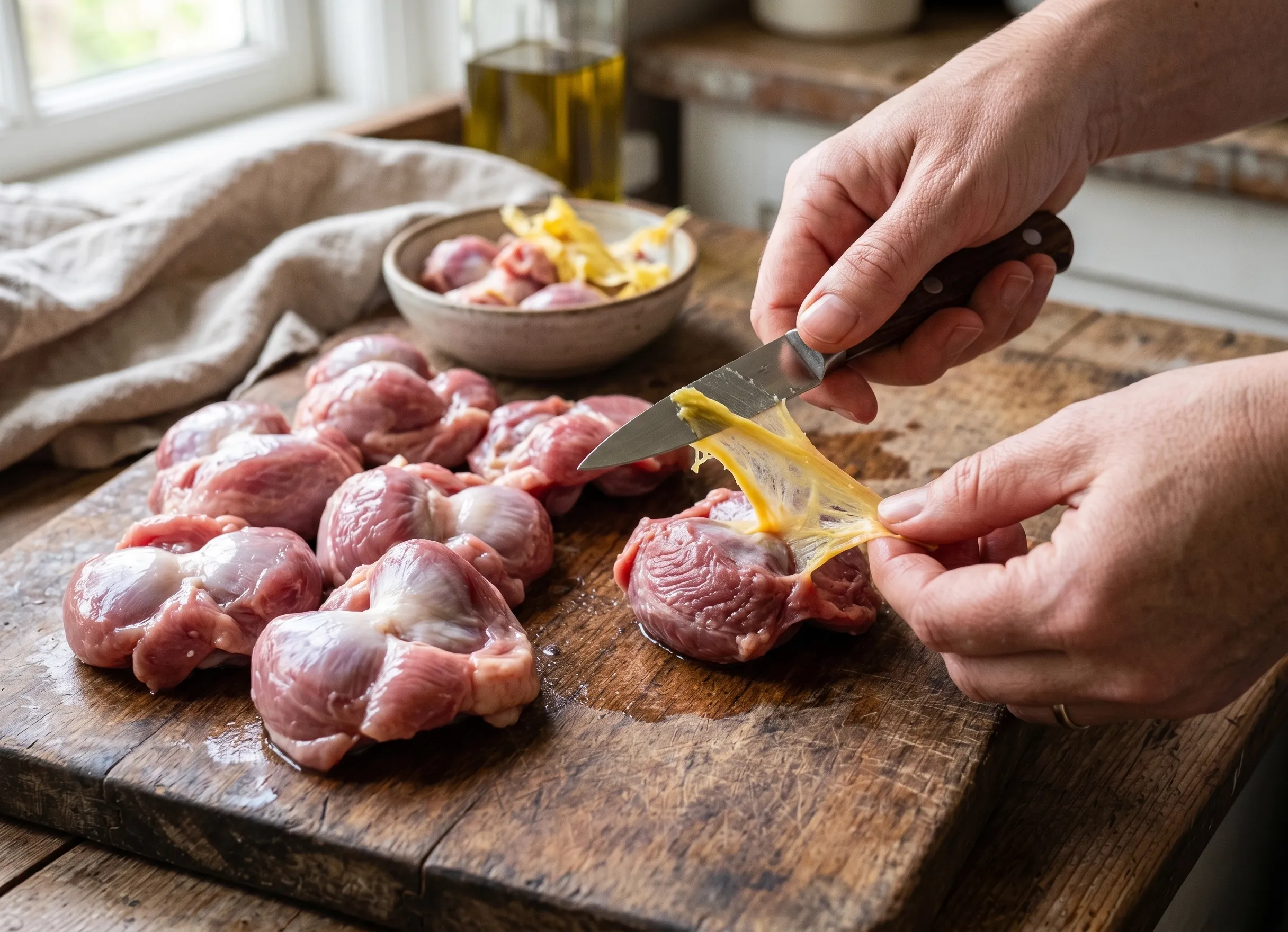 Retrait de la membrane jaune des gésiers de poulet crus
