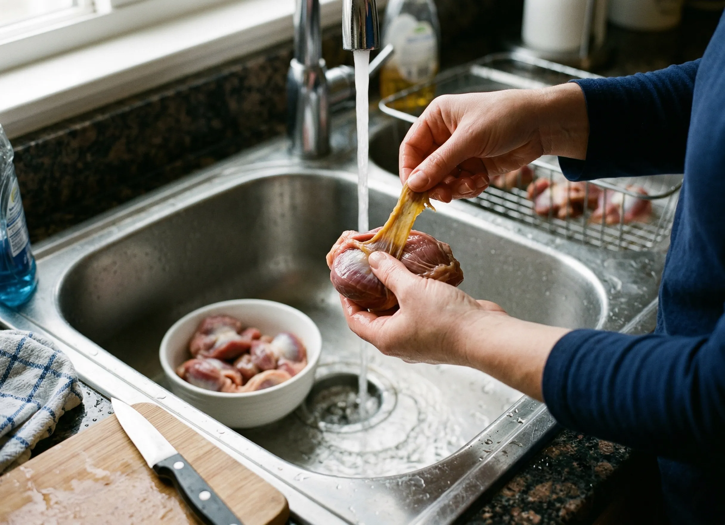 Nettoyage des gésiers de volaille crus avec retrait de la membrane jaune et rinçage à l’eau froide