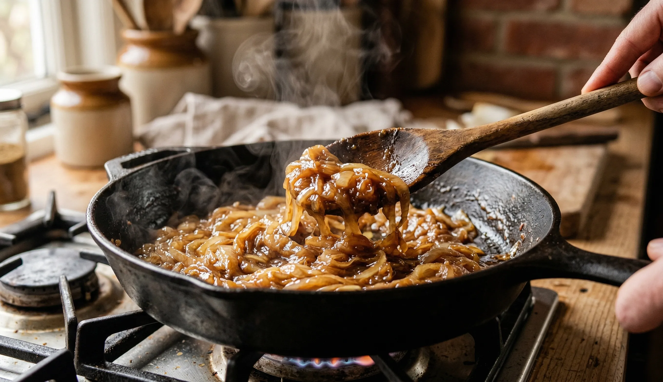 Oignons caramélisés fondants à la poêle, couleur dorée et texture brillante, recette maison