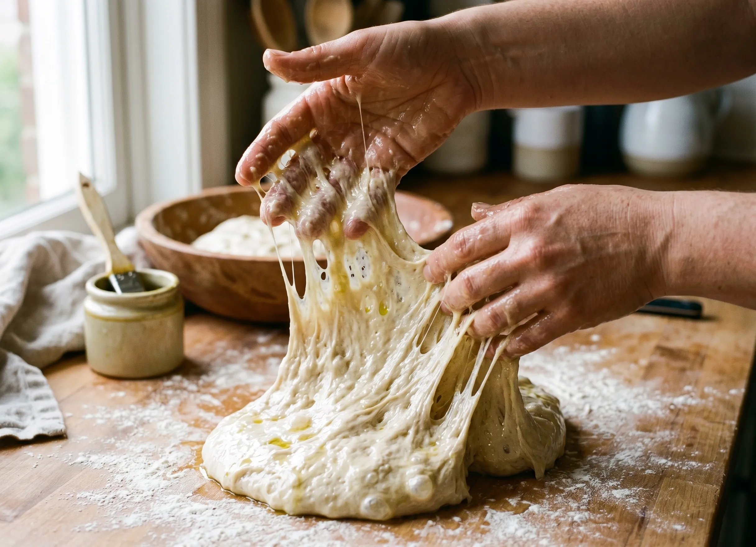 pâte à focaccia hydratée en cours de pétrissage