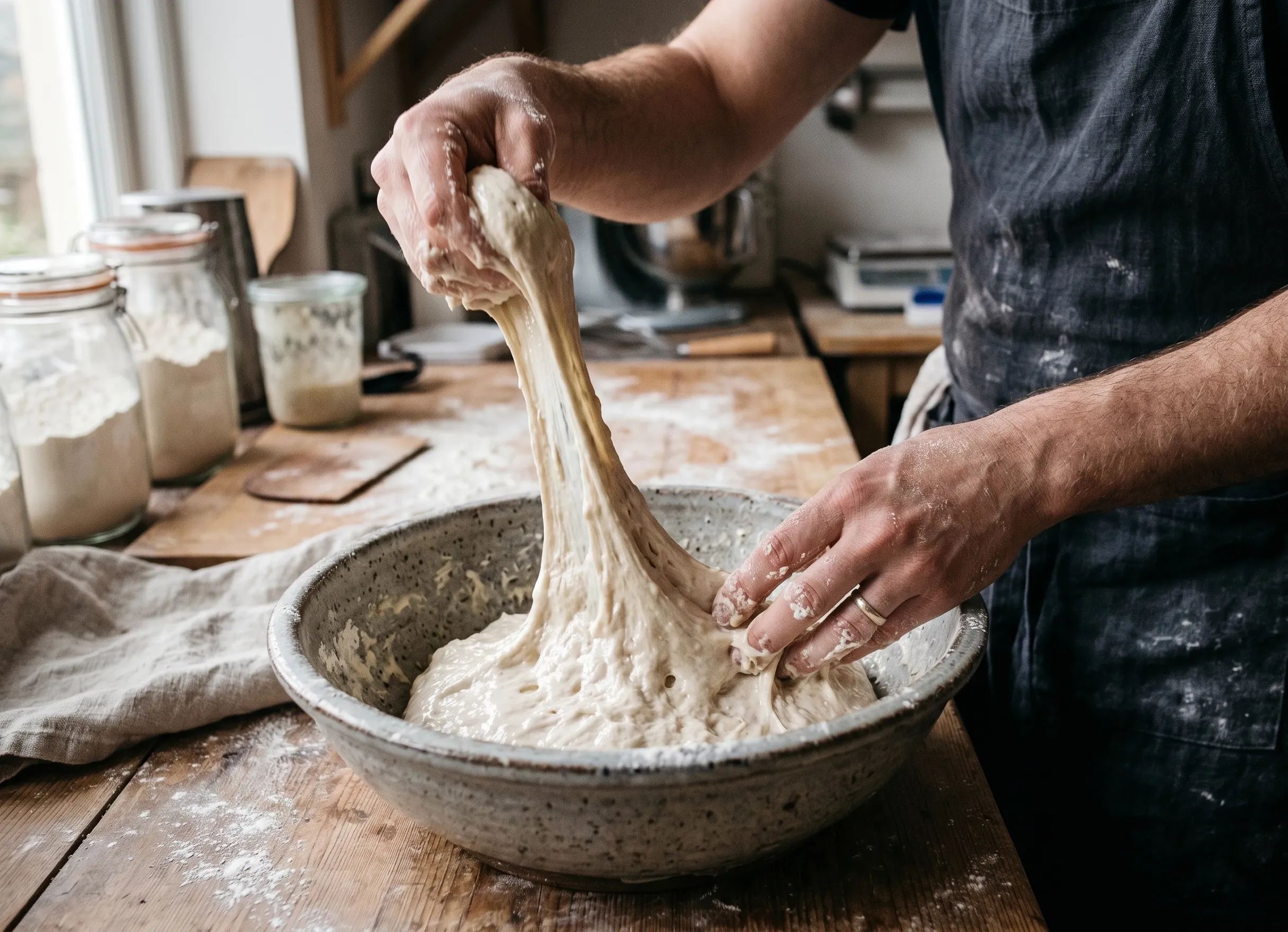 Pâte à haute hydratation avec farine Manitoba lors du pétrissage en cuisine artisanale