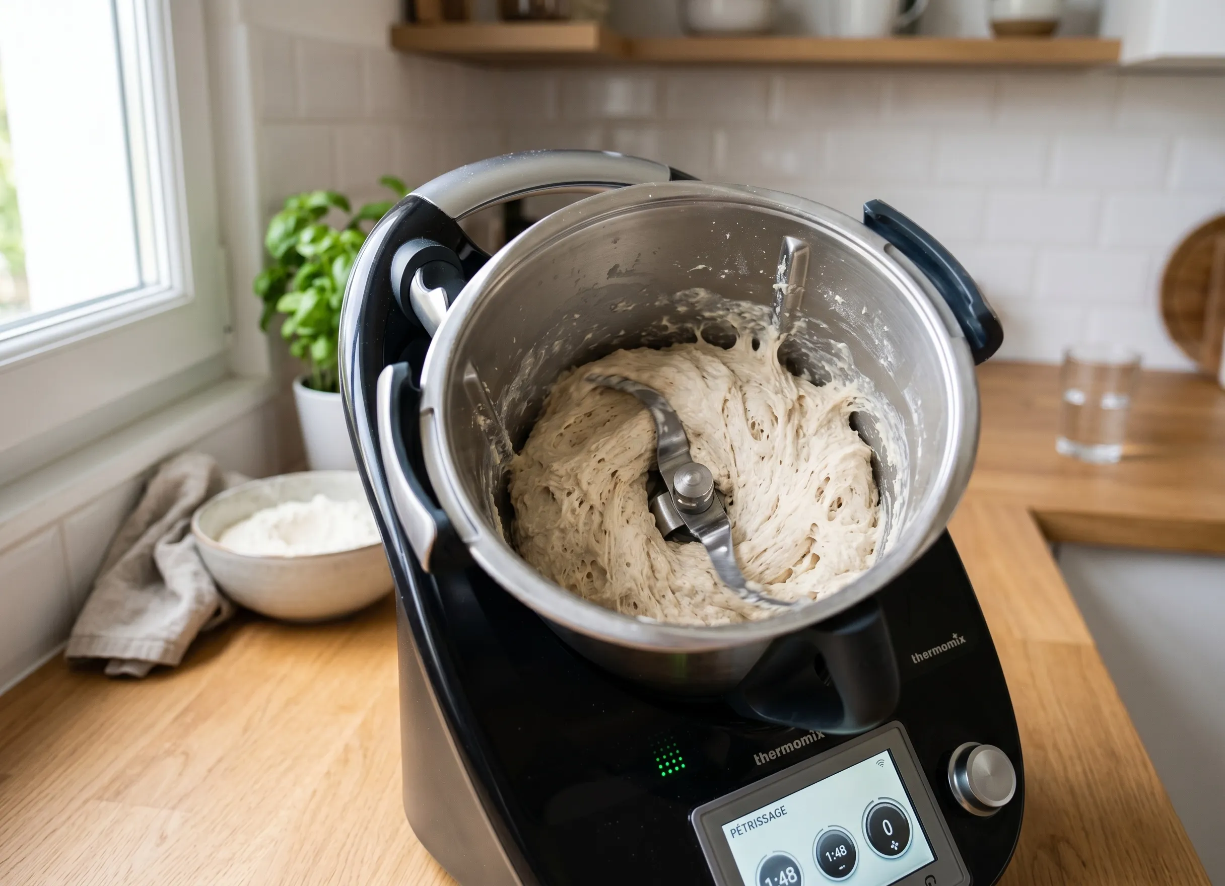pâte à pizza en préparation dans un Thermomix mode pétrin