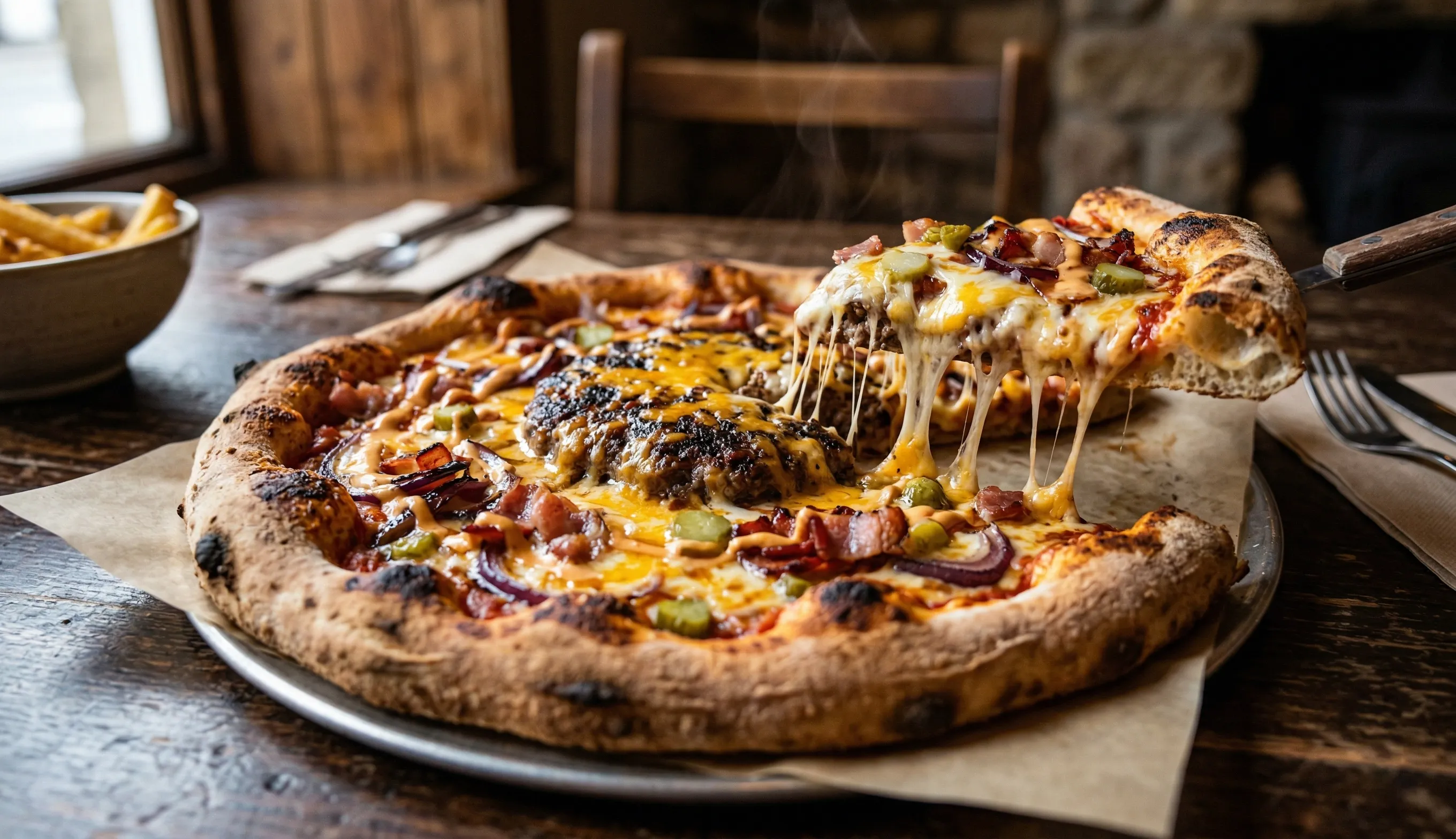 pizza burger maison ultra gourmande avec cheddar fondu et mozzarella filante