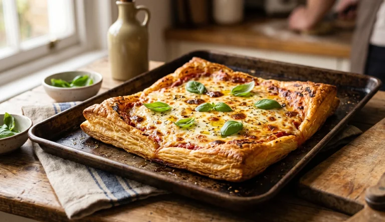 Pizza croustillante sur pâte feuilletée prête en 10 minutes avec fromage doré