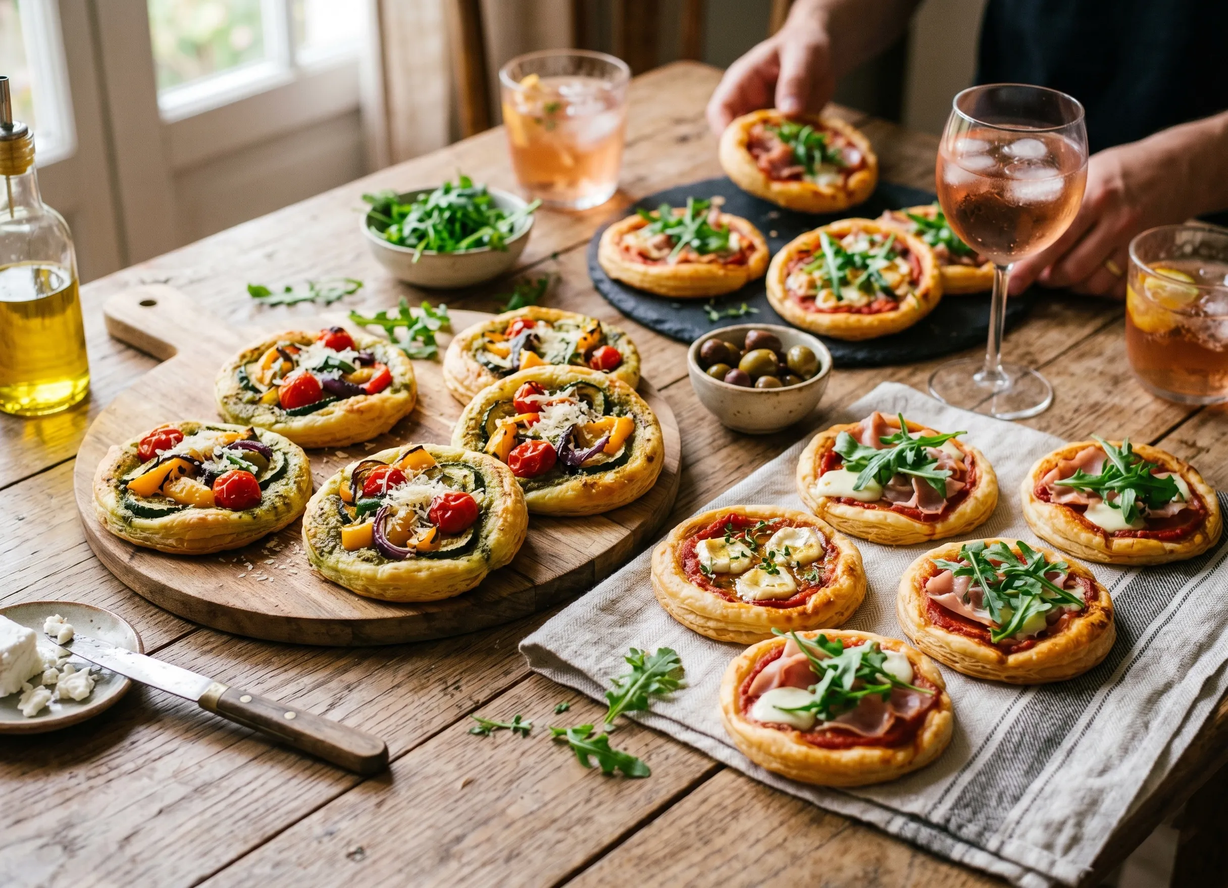 Différentes pizzas feuilletées avec garnitures variées pesto légumes fromage