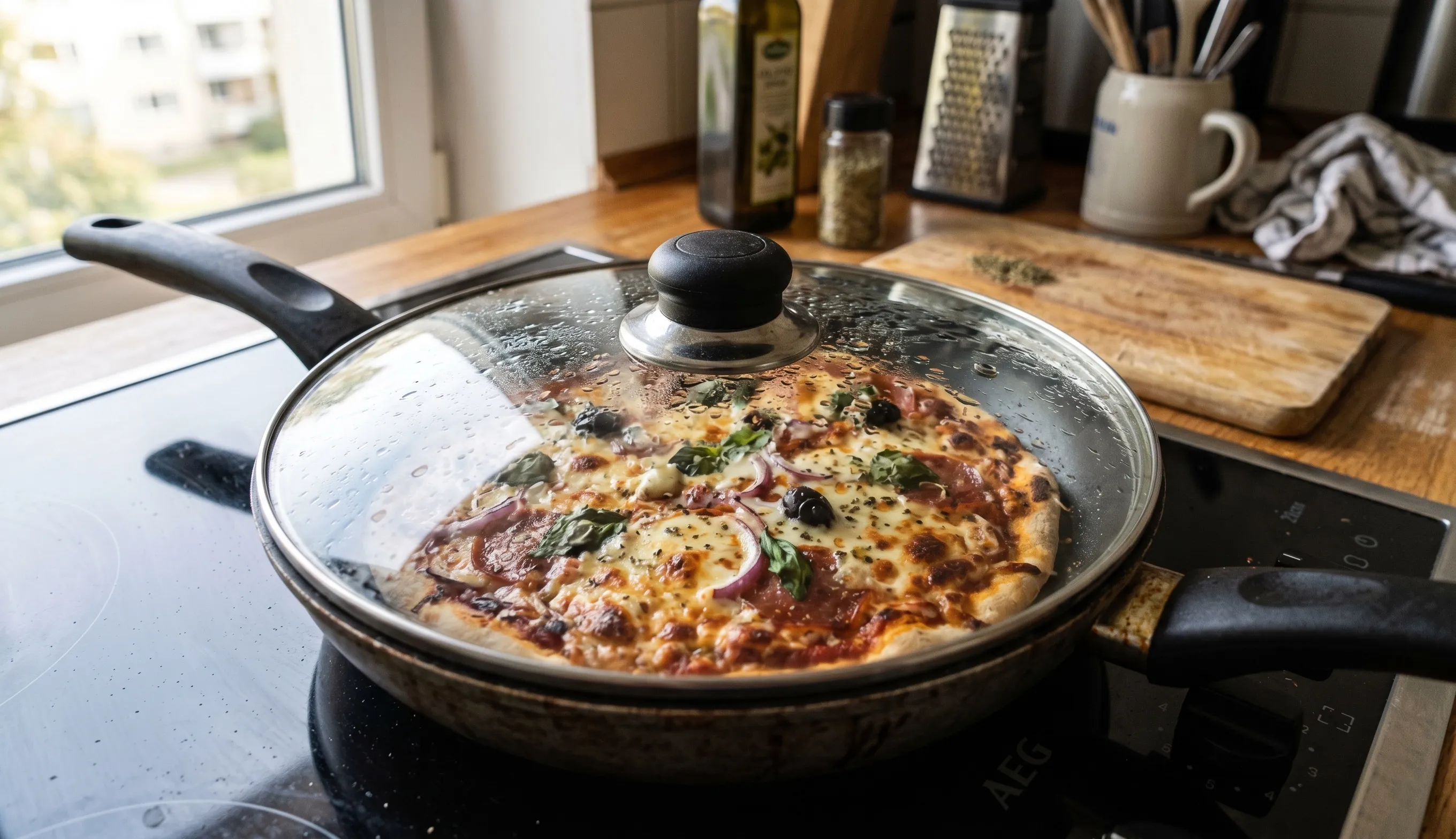 pizza sans four cuite à la poêle avec couvercle fromage fondu