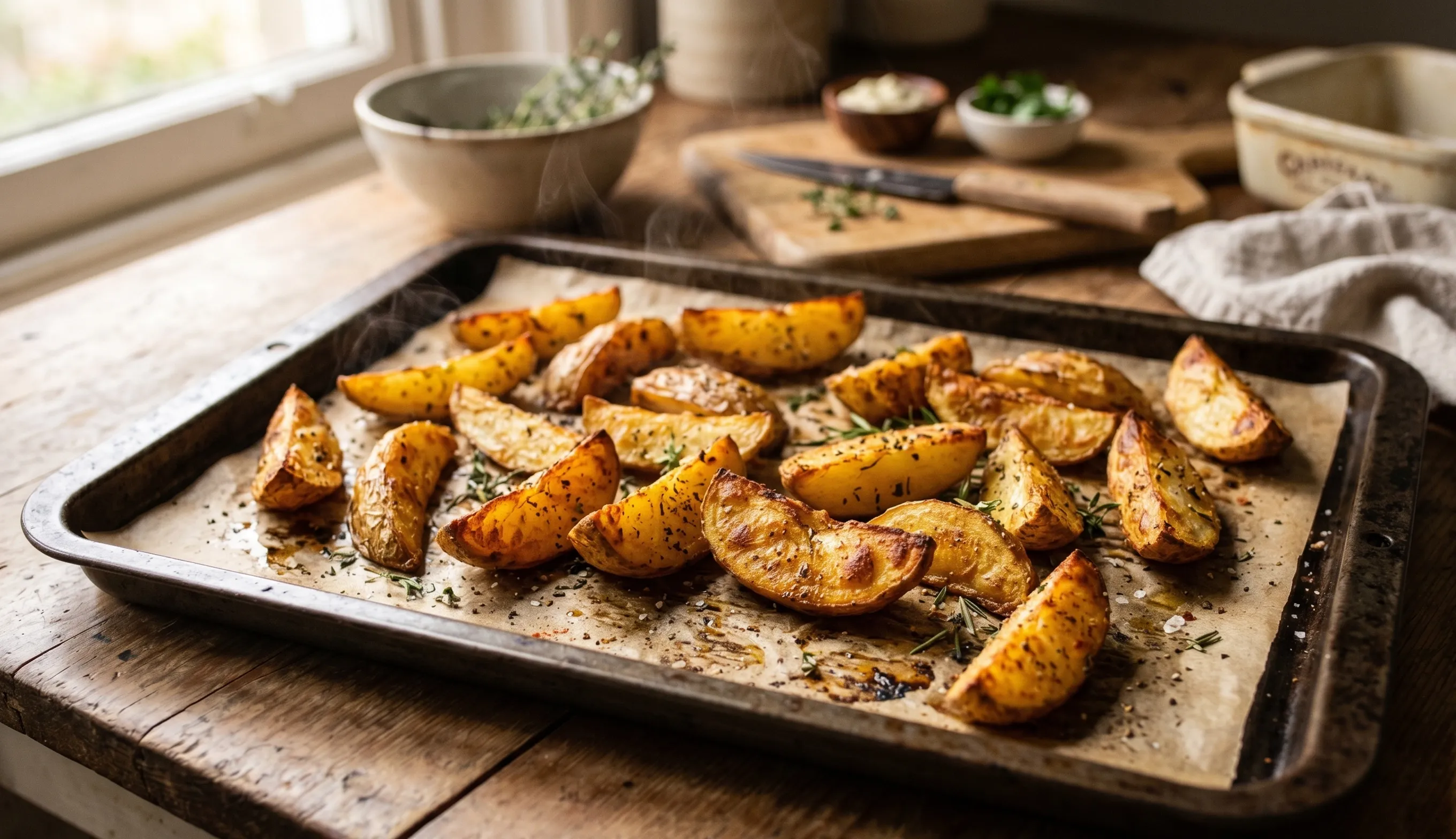 Pommes de terre croustillantes au four dorées avec cœur fondant sur plaque chaude
