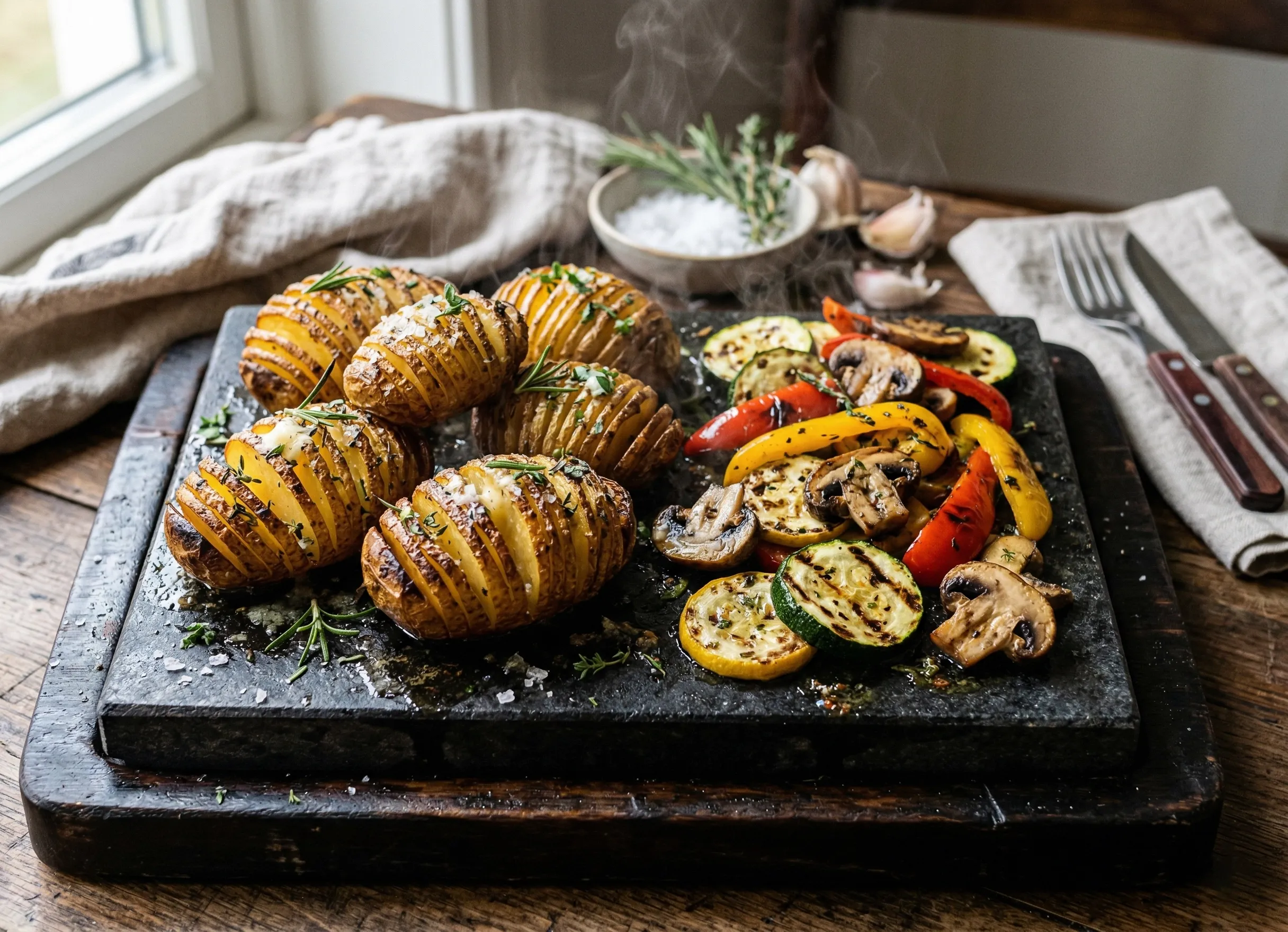 pommes de terre hasselback croustillantes et légumes grillés pour pierrade