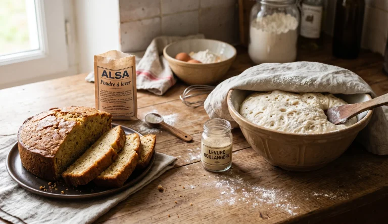 Différence entre poudre à lever et levure boulangère avec cake moelleux et pâte à pain en fermentation