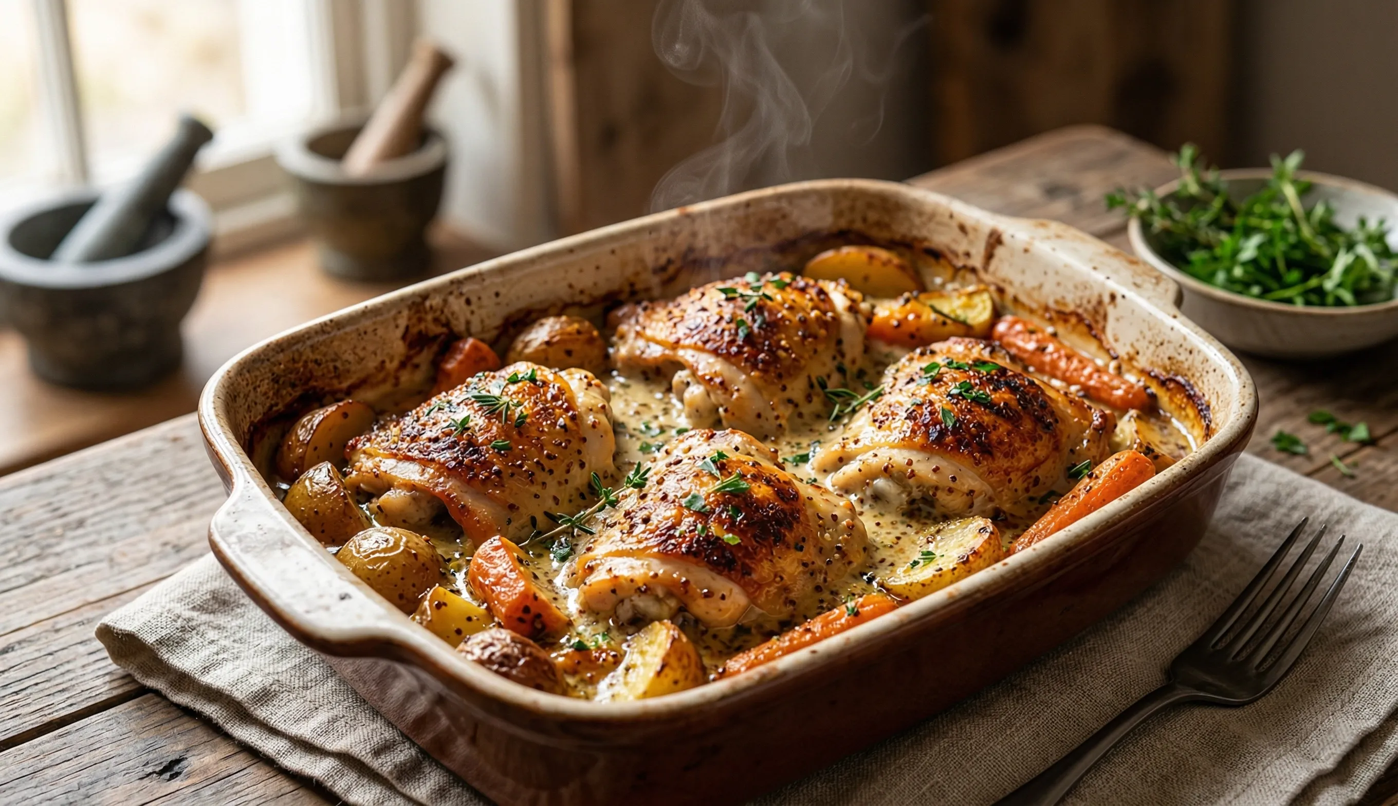 poulet à la moutarde au four croustillant avec pommes de terre et carottes rôties