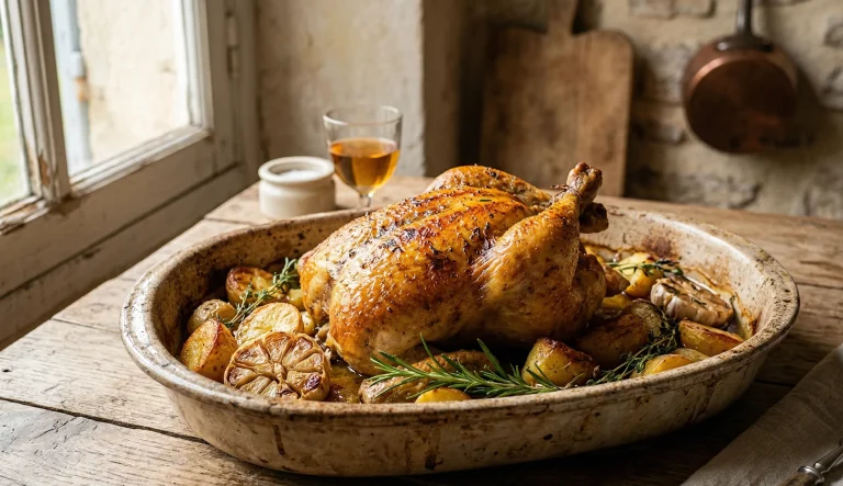 Poulet rôti croustillant au four avec pommes de terre et herbes