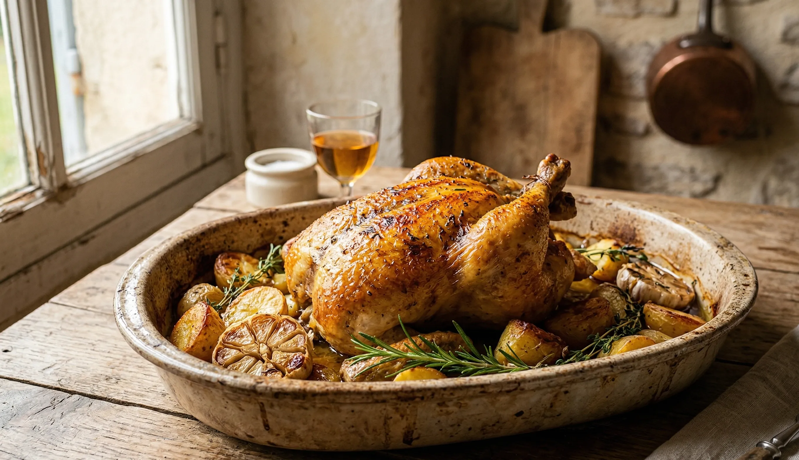 Poulet rôti croustillant au four avec pommes de terre et herbes