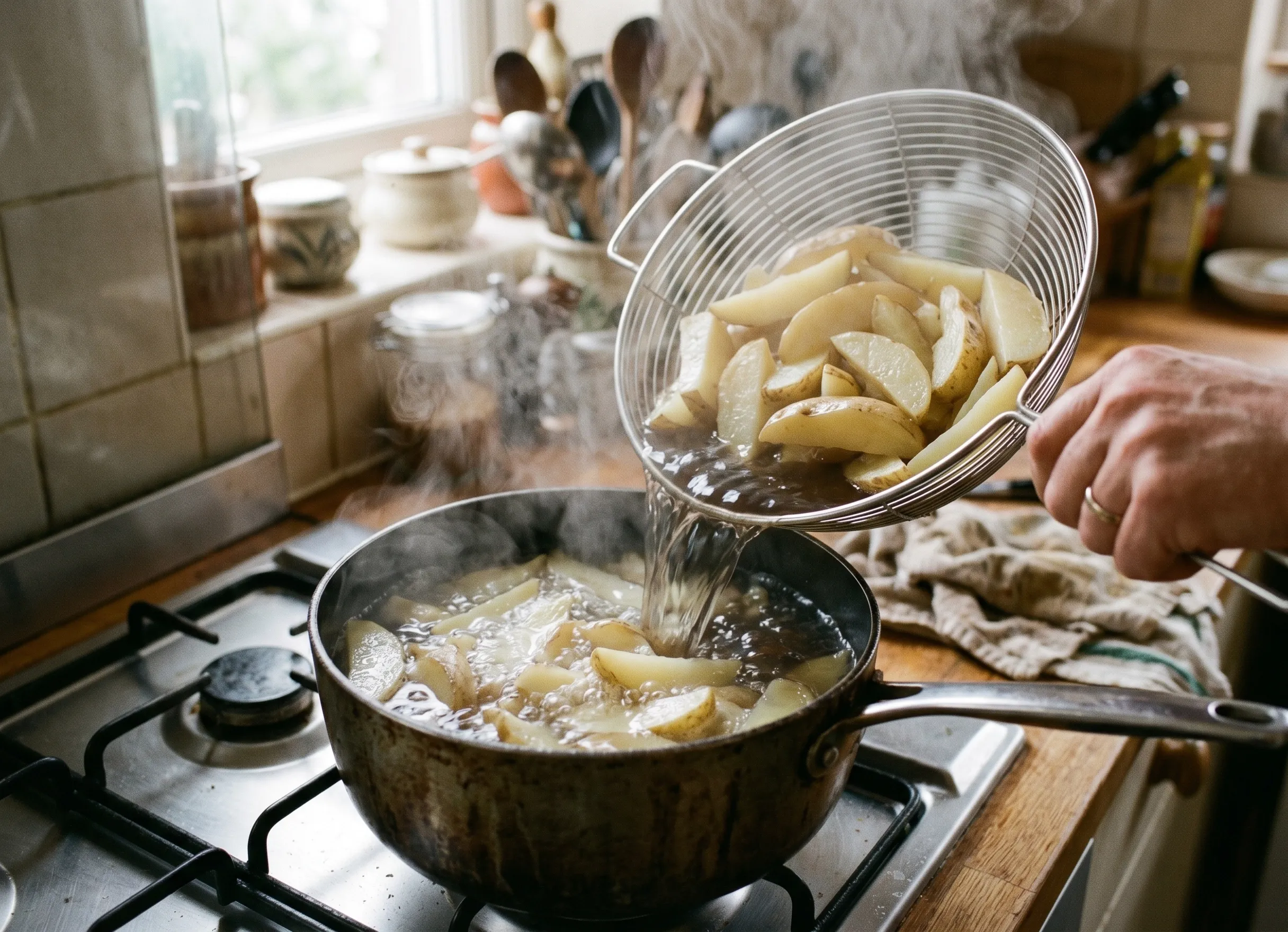 Pré-cuisson des pommes de terre dans l’eau bouillante avant cuisson au four