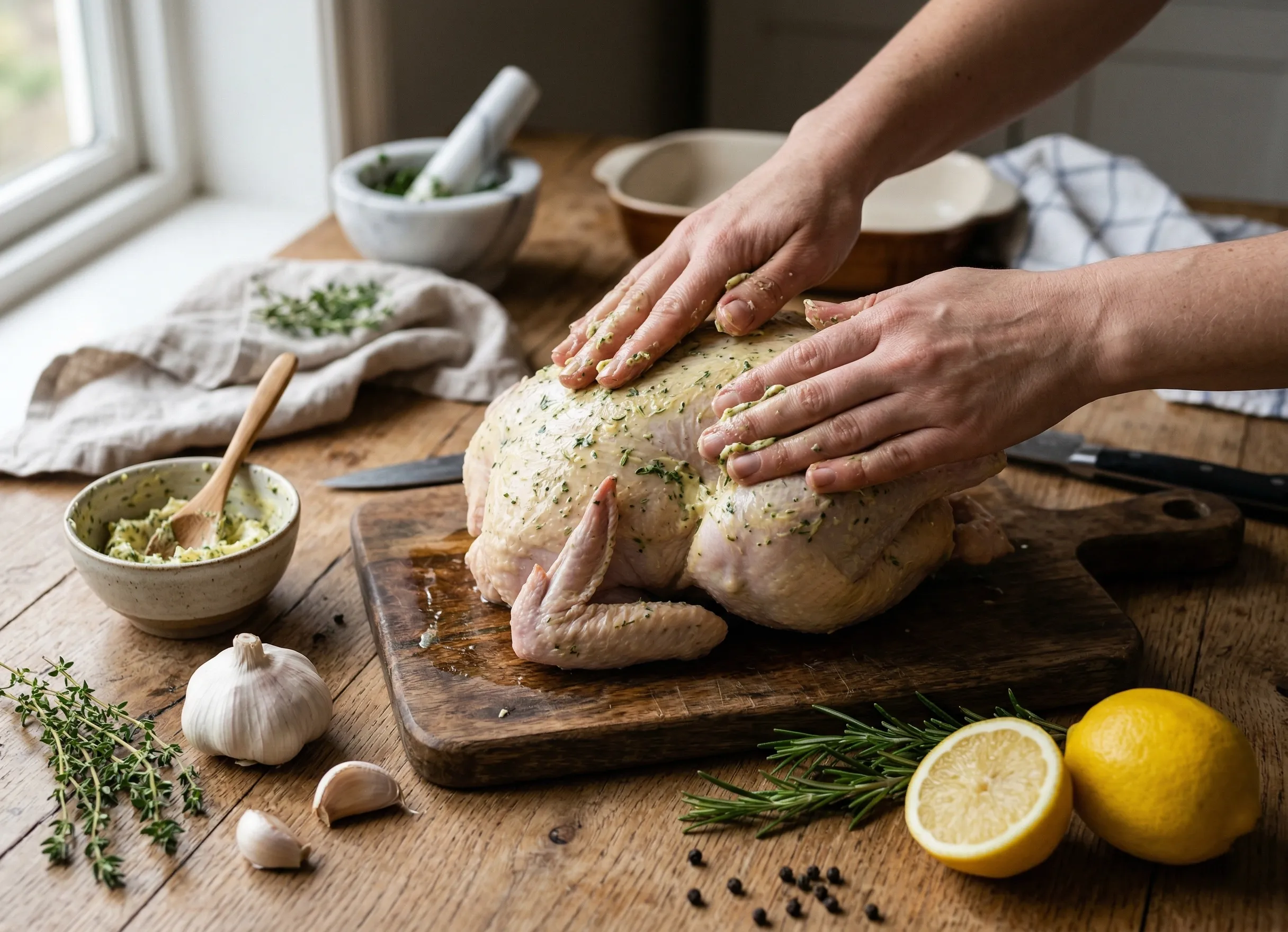 Préparation du poulet avec beurre pommade avant cuisson
