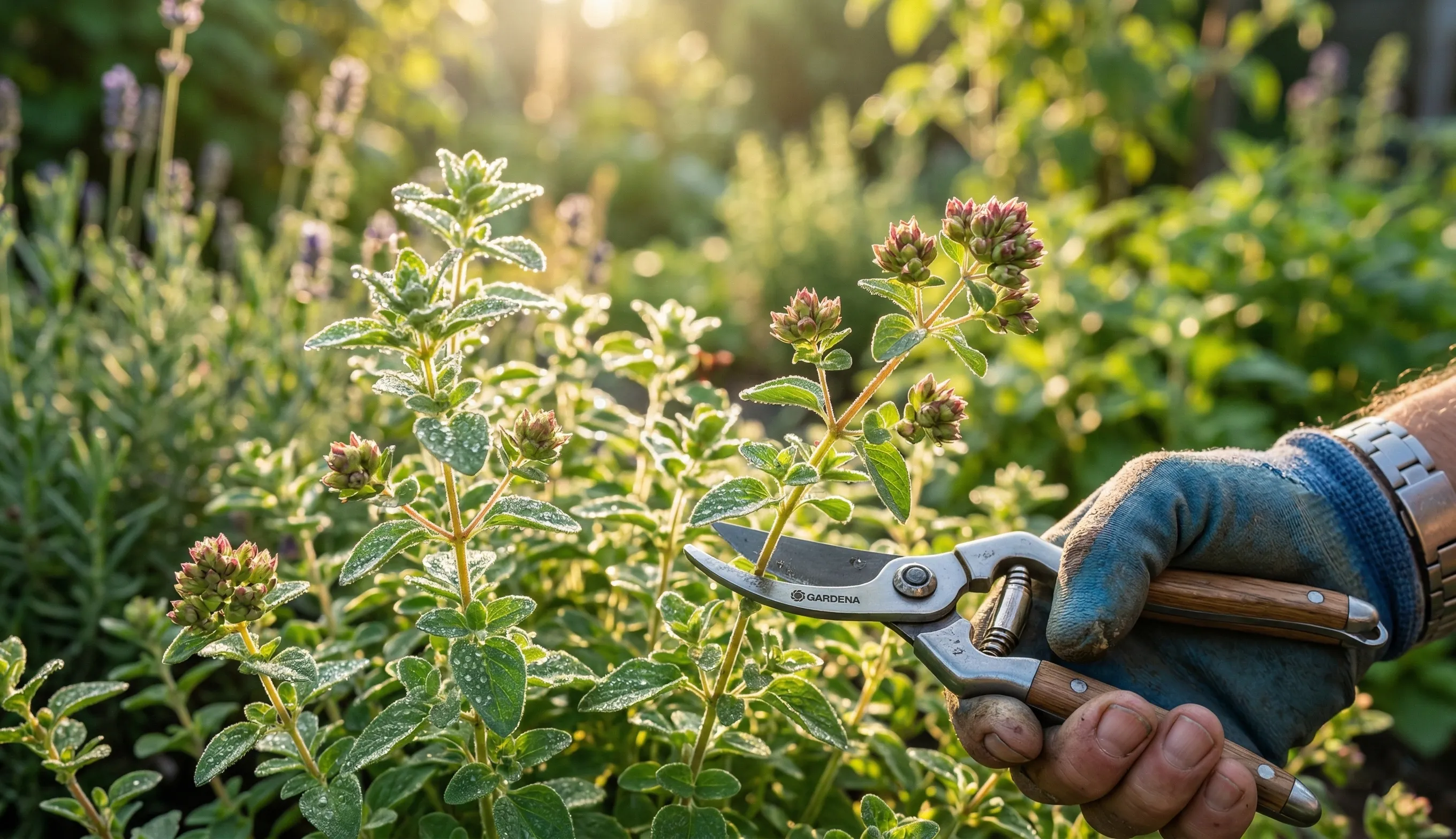 Récolte de l’origan le matin après la rosée au début de la floraison pour un maximum d’arômes