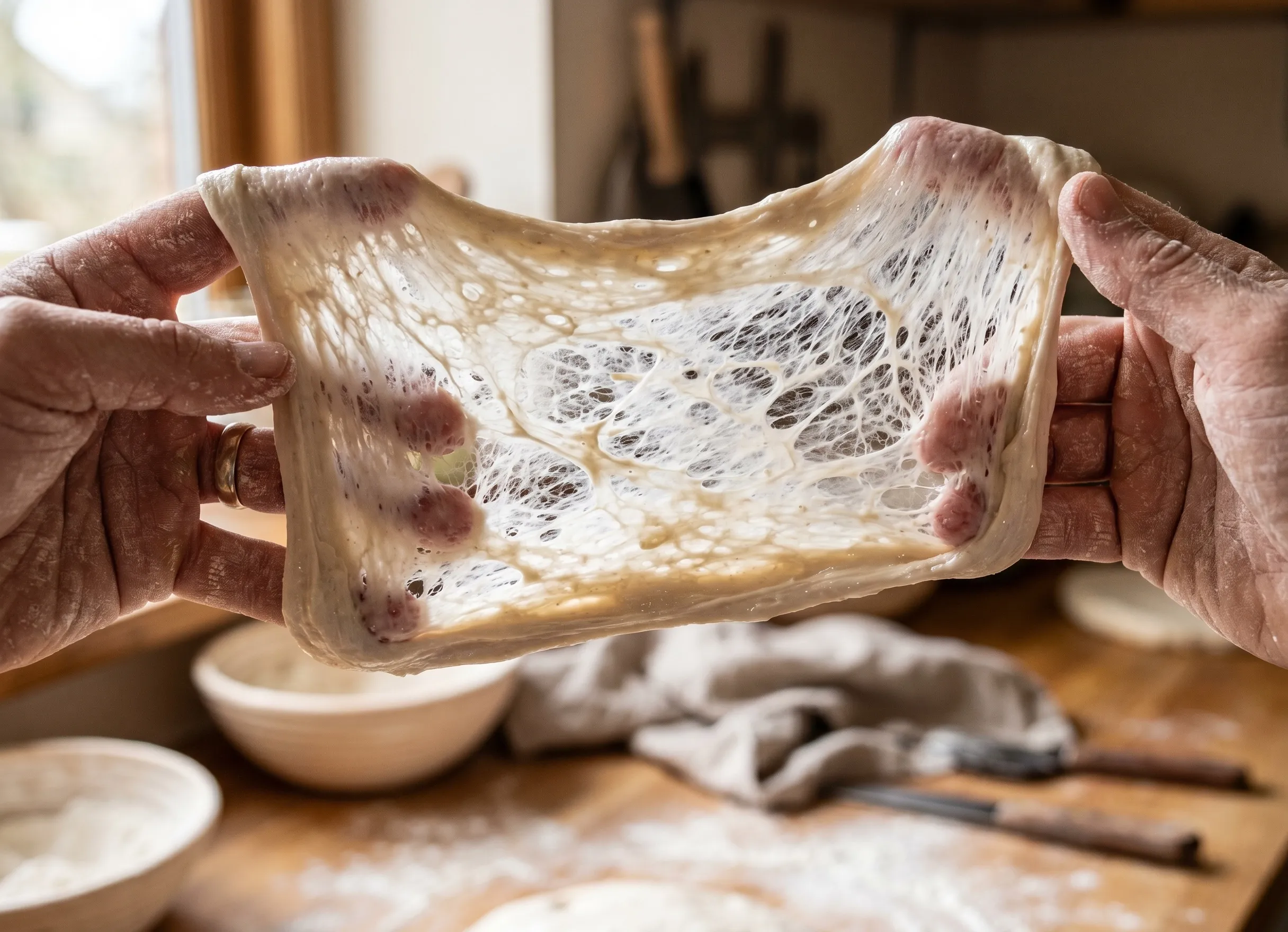 Réseau de gluten élastique d’une pâte à base de farine Manitoba en cours d’étirement