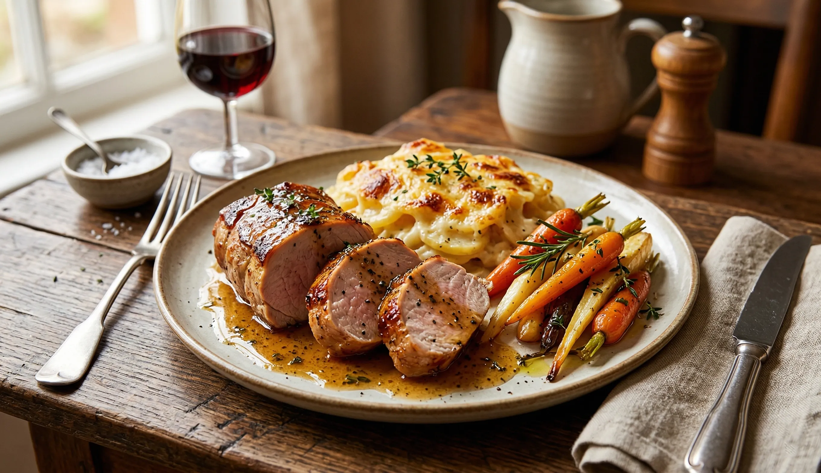 rôti de porc juteux au four avec gratin dauphinois fondant et légumes rôtis au miel
